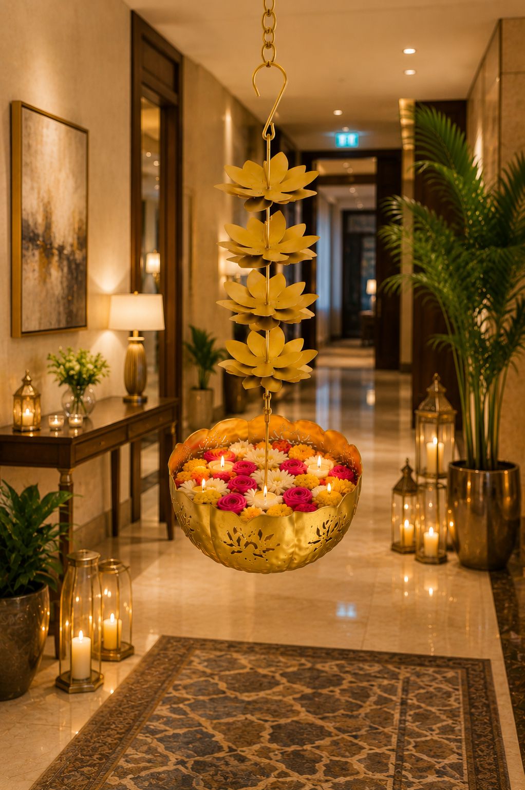 Premium Hanging Lotus Urli Bowl | Decorative Metal Hanging Flower Urli for Floating Flowers, Water & Candles | Traditional Hanging Urli for Diwali, Pooja, Wedding & Home Decoration