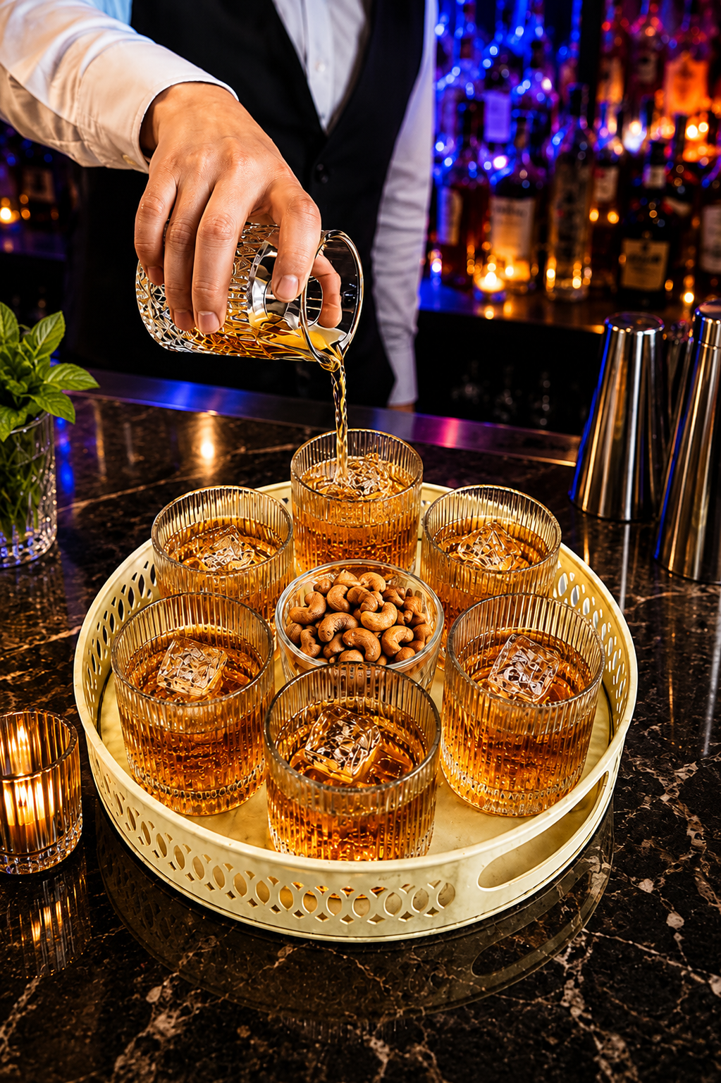 Premium Dancing Glass Serving Set with Round Metal Tray | 6 Self-Balancing Rocking Glasses & 1 Crystal Snack Bowl | Beverage Serving Set for Whisky, Cocktails, Juice, Tea & Home Entertaining
