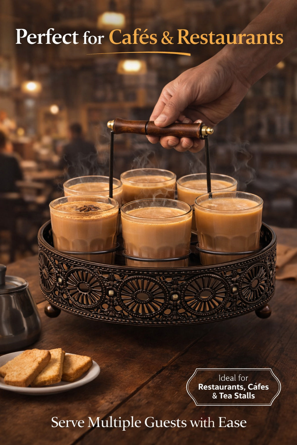 Premium Cutting Chai Glass Set of 6 with Metal Stand | Traditional Indian Tea Glasses with Heavy Brown Holder | Tapri Style Chai Cups for Home, Café, Restaurant & Kitchen Use