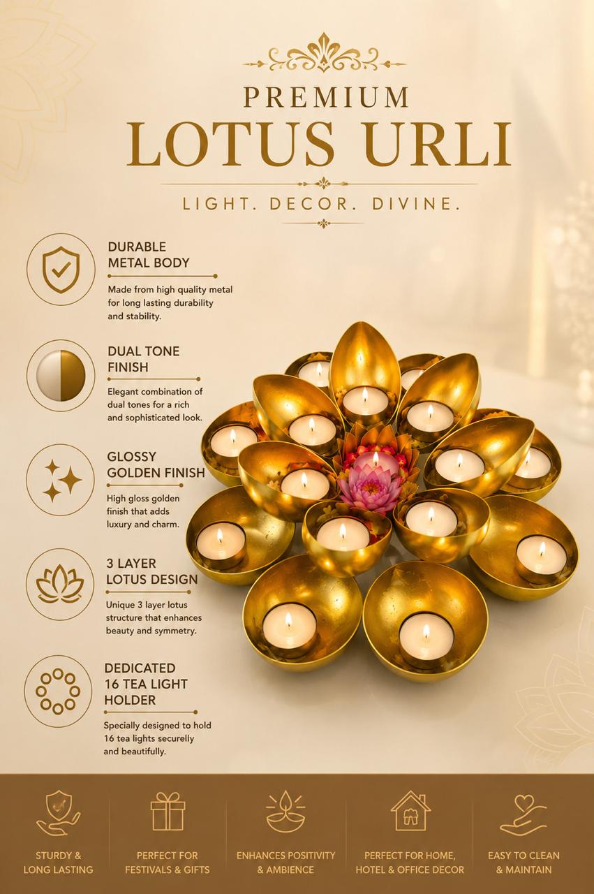 Golden Metal Urli Cum Tealight Holder Set | Decorative Diya & Flower Urli for Festive Home Décor