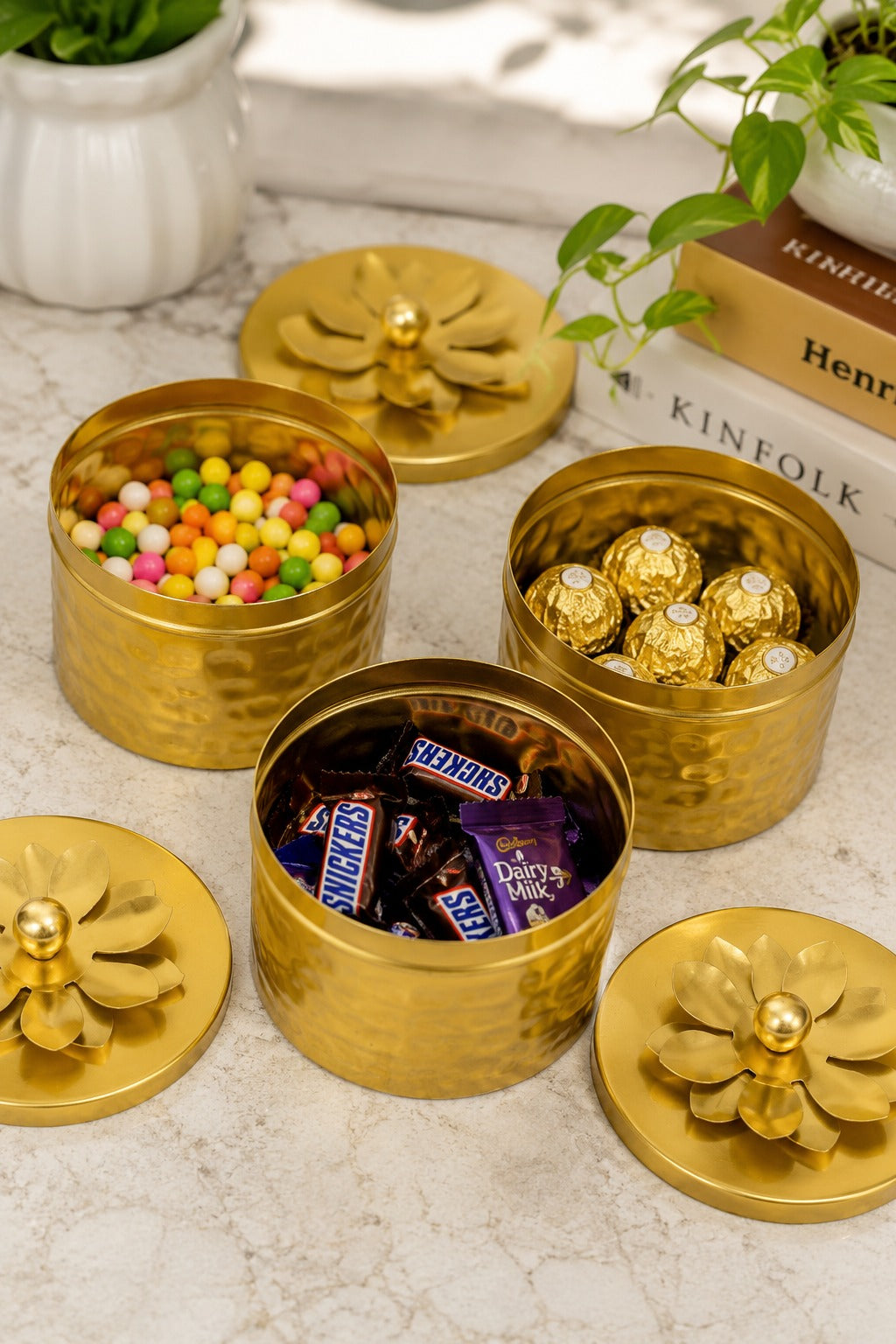 Premium 3 Piece Metal Storage Container Set with Round Serving Tray | Gold Dry Fruit, Mukhwas & Spice Container Set | Decorative Kitchen Organizer for Home, Dining & Gifting