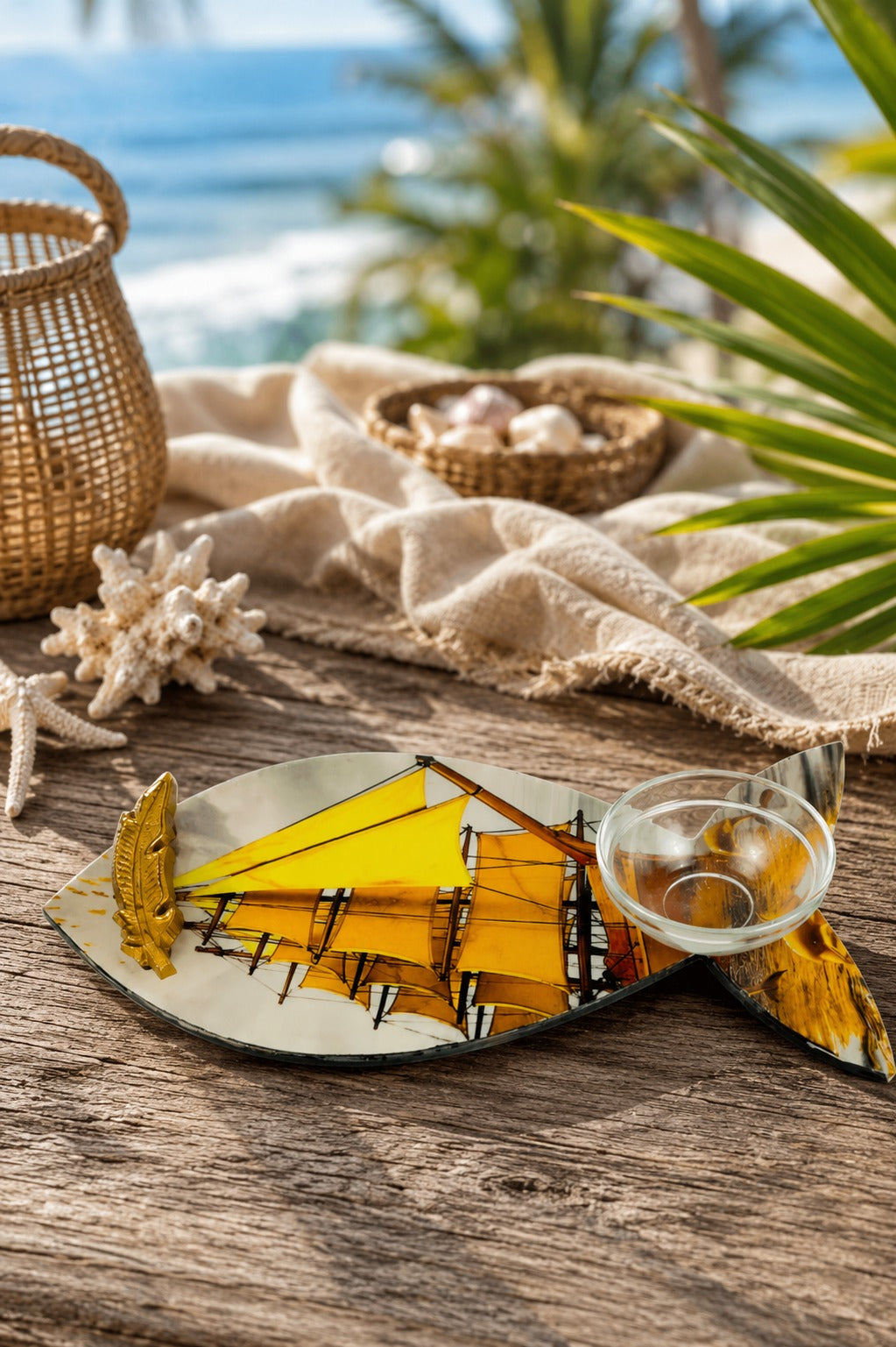 Premium Fish Shape MDF Serving Platter with Glass Dip Bowl & Gold Leaf Handle | Decorative Multipurpose Snack Serving Tray | Designer Fish Serving Board for Appetizers, Seafood & Gifting