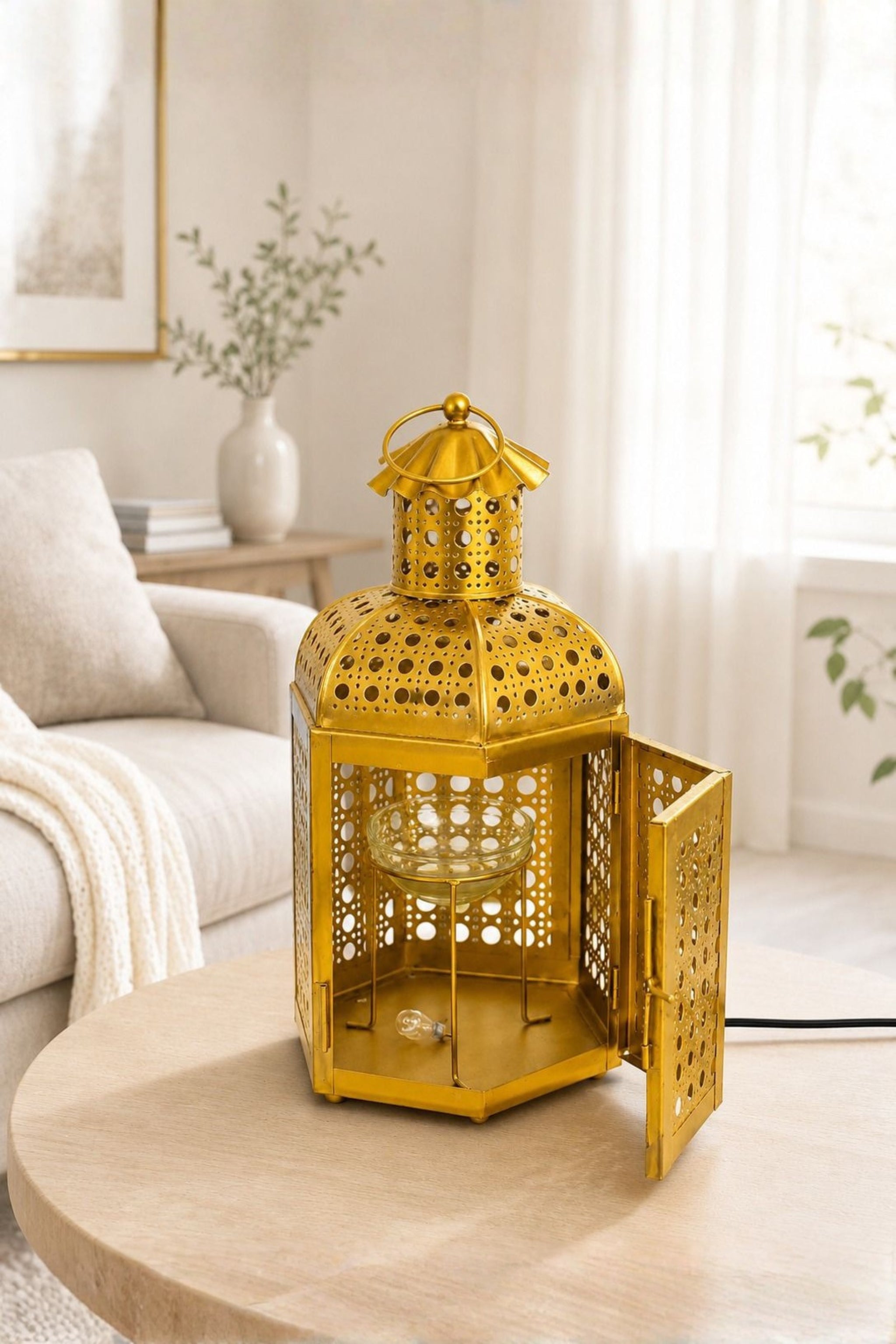 Premium Lantern Style Metal Aroma Diffuser Lamp with Essential Oil | Elegant Cutwork Electric Burner | Warm Ambient Light Aromatherapy Diffuser | Decorative Fragrance Lamp for Home & Gifting