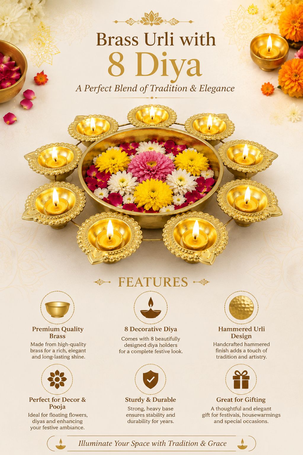 Premium Iron Urli with 8 Diya Holders | Decorative Metal Floating Flower Bowl for Water, Candles & Rangoli | Traditional Urli for Diwali, Pooja, Wedding, Festivals & Home Decoration