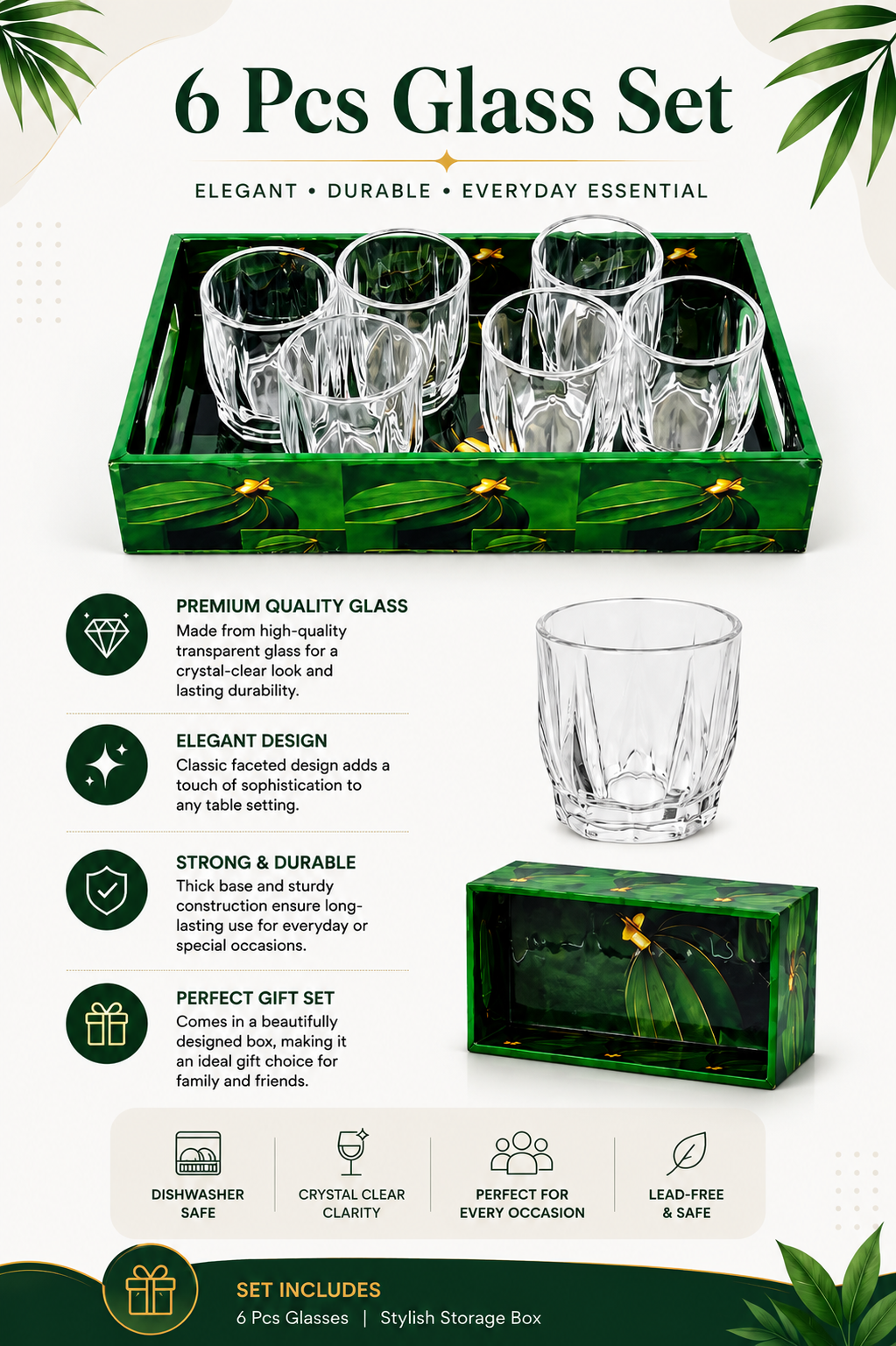Premium Shot Glass Set with Decorative Storage Tray | 6 Heavy Base Shot Glasses for Whiskey, Tequila, Vodka, Rum & Espresso Shots | Crystal Clear Glass Drinkware Gift Set for Home Bar & Parties