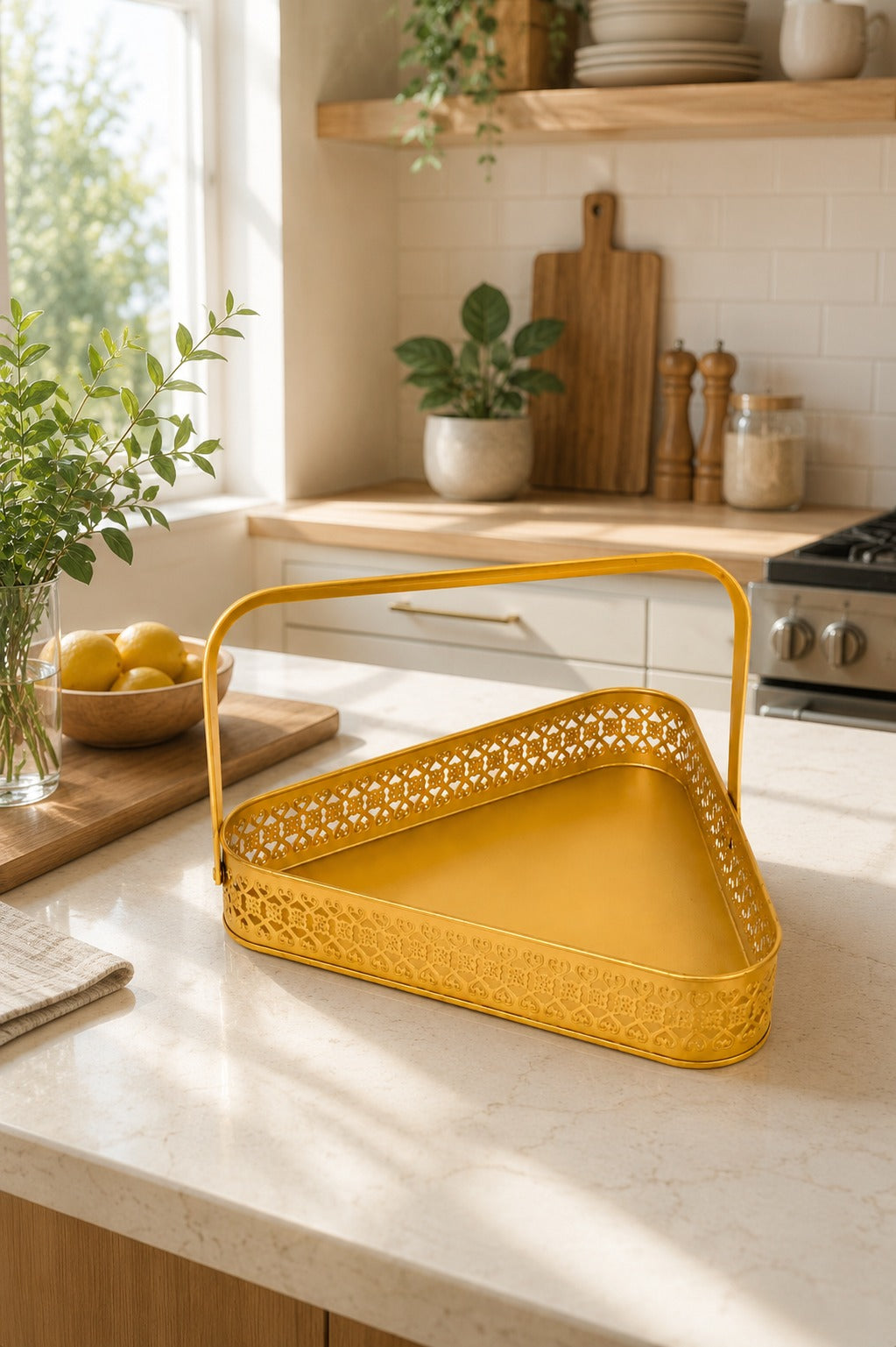 Premium Triangle Metal Basket with Handle (Large) | Decorative Gold Serving Basket | Gift Hamper Basket | Dry Fruit, Snacks & Organizer Tray | Metal Storage Basket for Home Décor