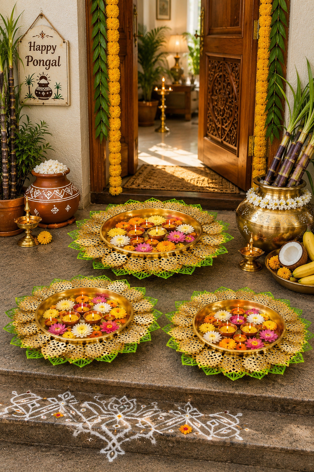 Decorative Lotus Metal Urli Bowl Set for Floating Flowers & Candles | Designer Festival & Home Decor (Set of 3, Green & Gold)