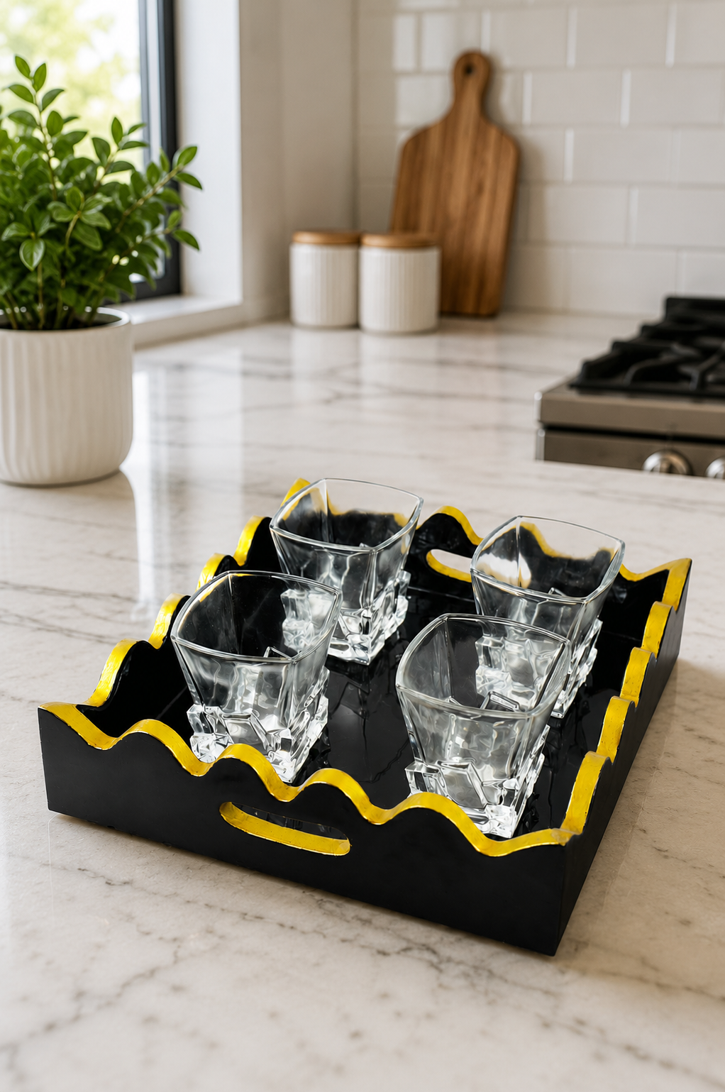 Premium Square Crystal Glass Set with Decorative MDF Serving Tray | 4 Heavy Base Drinking Glasses with Luxury Black & Gold Tray | Whisky, Juice, Water, Cocktails & Gift Set for Home Bar