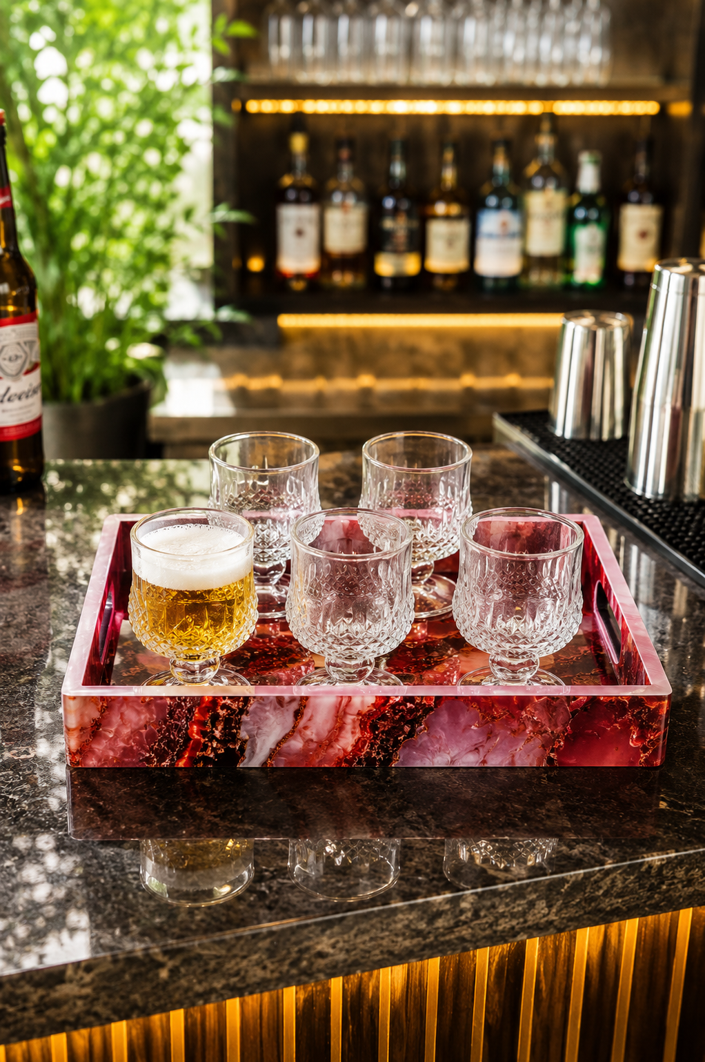 Premium Designer Shot Glass Set with Resin Serving Tray | 6 Crystal Clear Heavy Base Shot Glasses for Whiskey, Vodka, Tequila, Rum, Liqueur & Espresso Shots | Elegant Barware Gift Set for Home Bar