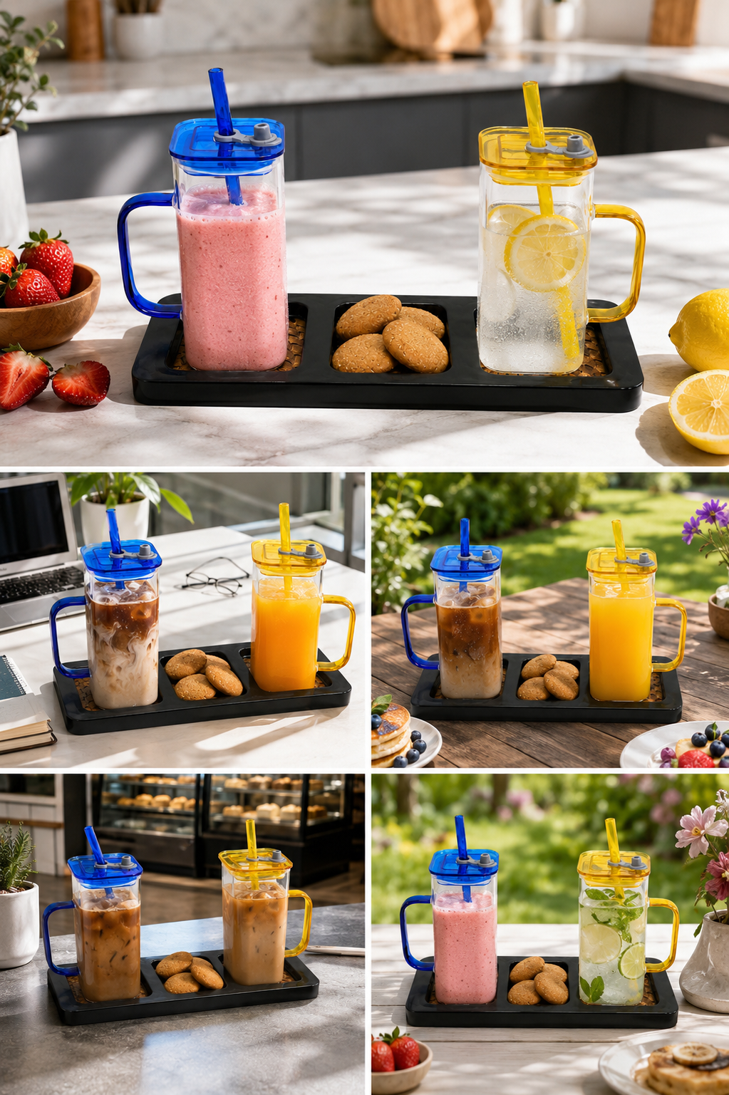Double Wall Juice Glass Set Of 2 With Lid & Straw With MDF Serving Tray | Square Transparent Drink Glasses For Juice Water Cold Coffee Smoothies