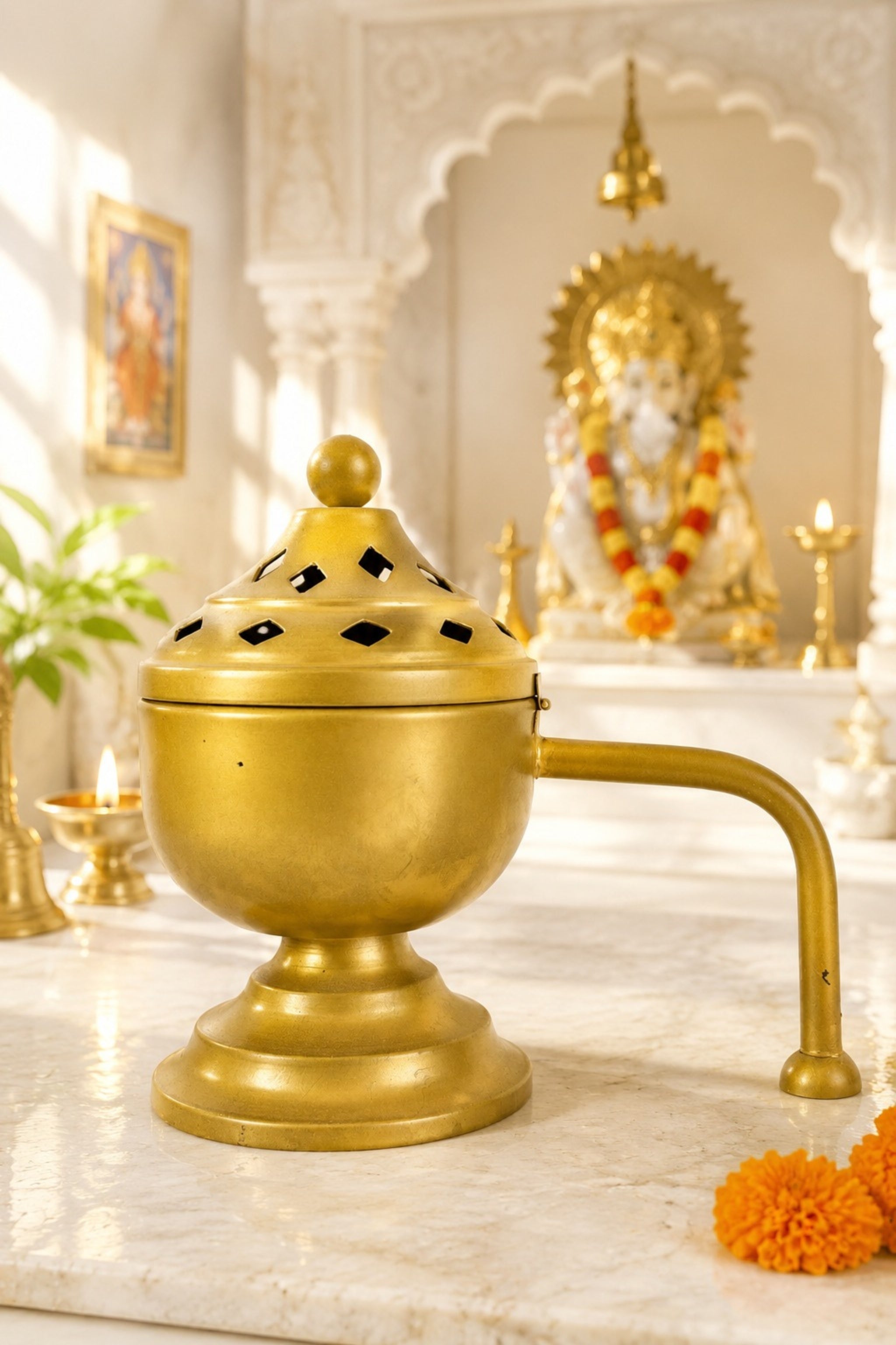 Brass Finish Metal Dhoop Dani with Wooden Handle & Lid for Pooja, Loban & Sambrani Burning | Covered Incense Burner for Home Temple, Havan, Vastu & Premium Festive Gift Item