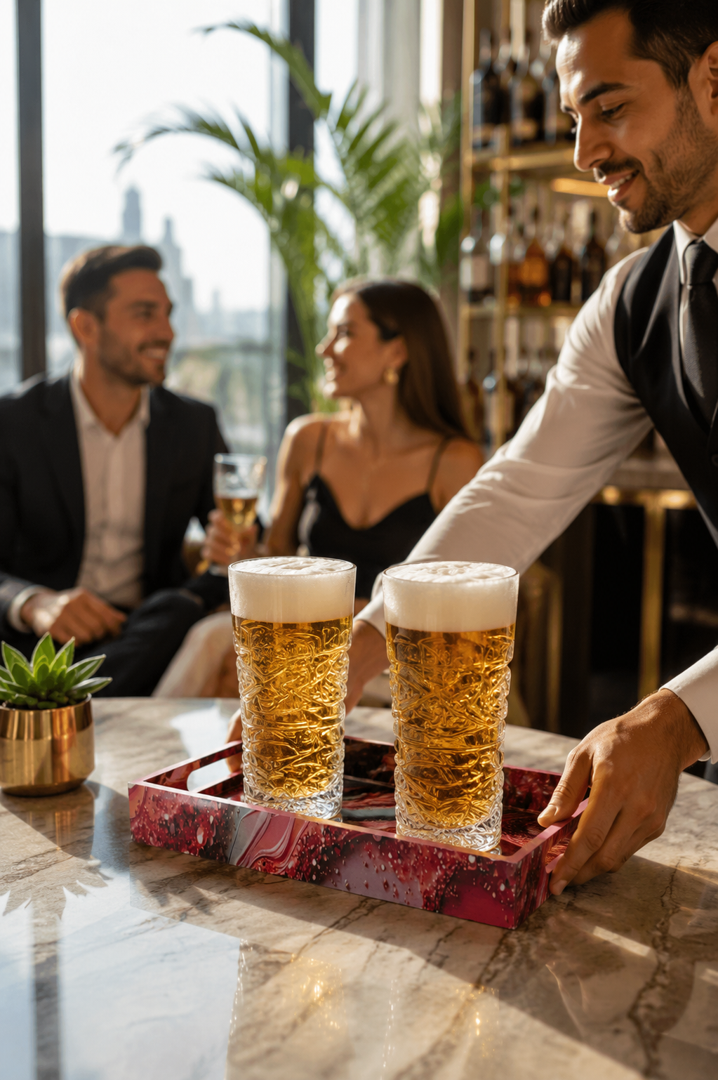 Premium Beer Glass Set with Decorative MDF Serving Tray | 2 Crystal Clear Tall Beer Glasses with Marble Finish Tray | Heavy Drinking Glasses for Beer, Juice, Soft Drinks & Home Bar Gift Set