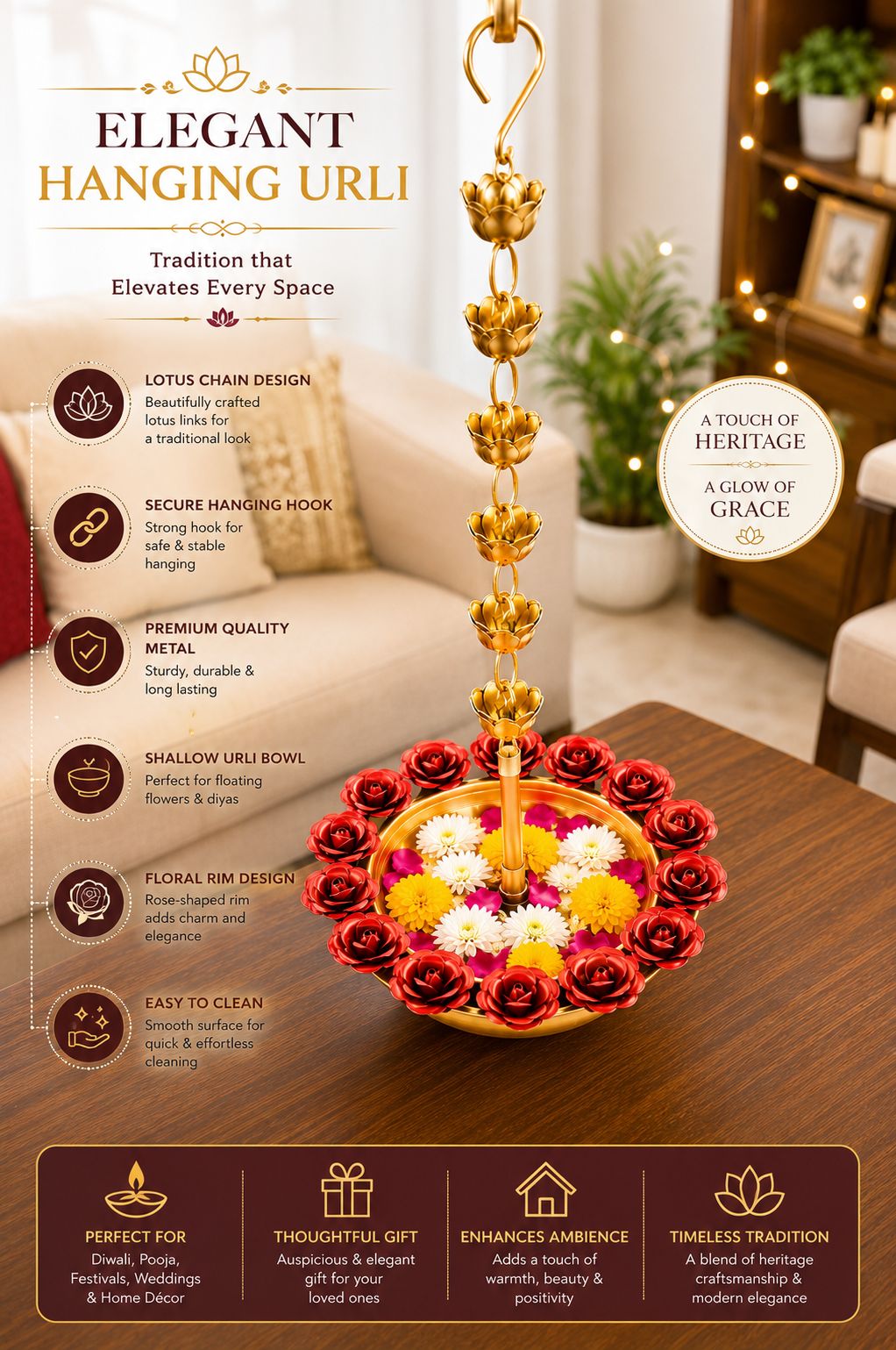 Premium Hanging Lotus Urli Bowl with Rose Rim Design | Decorative Metal Floating Flower Bowl with Lotus Chain | Hanging Urli for Water, Candles, Tea Lights, Diwali, Pooja, Wedding & Home Décor