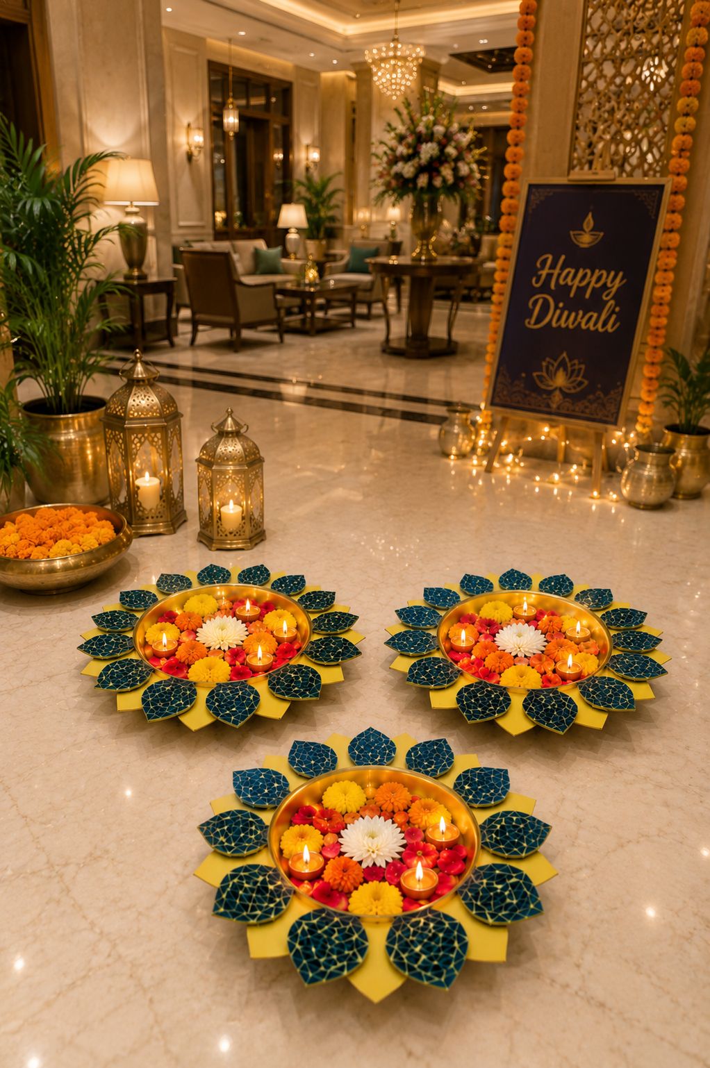 Premium Set of 3 Decorative Metal Urli Bowls with Mosaic Glass Petals | Floating Flower Bowl for Candles, Water Décor & Rangoli | Decorative Urli for Diwali, Pooja, Wedding, Festivals & Home Decoration