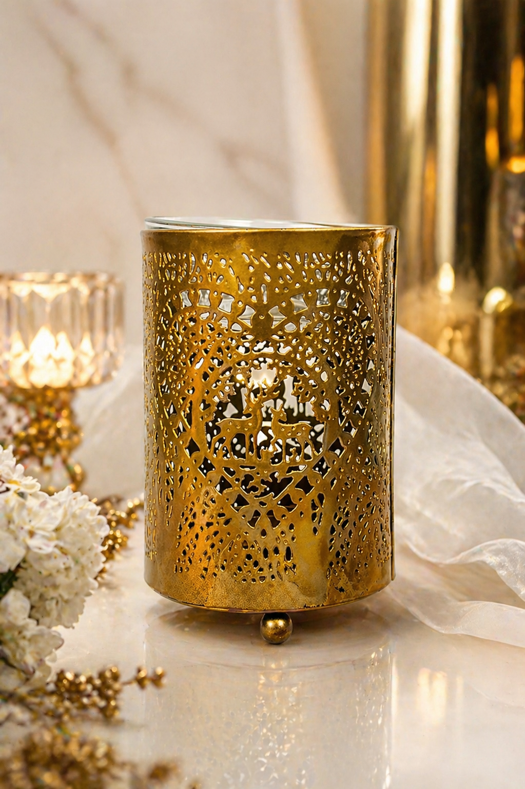 Premium Gold Metal Aroma Oil Burner Set with Tea Light Candles & Essential Oil | Designer Cutwork Candle Diffuser | Warm Ambient Fragrance Burner | Elegant Home Décor & Gifting Combo