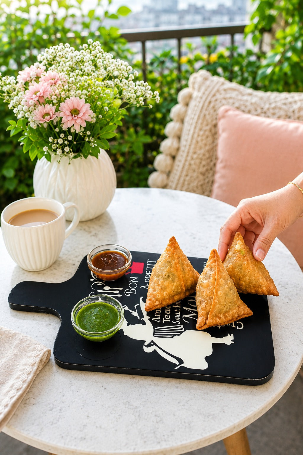 Premium MDF Serving Platter with Handle | Wooden Snack & Pizza Serving Board | Serving Tray with 2 Glass Dip Bowls | Cheese, Burger, Fries & Appetizer Platter | 44 x 25 cm