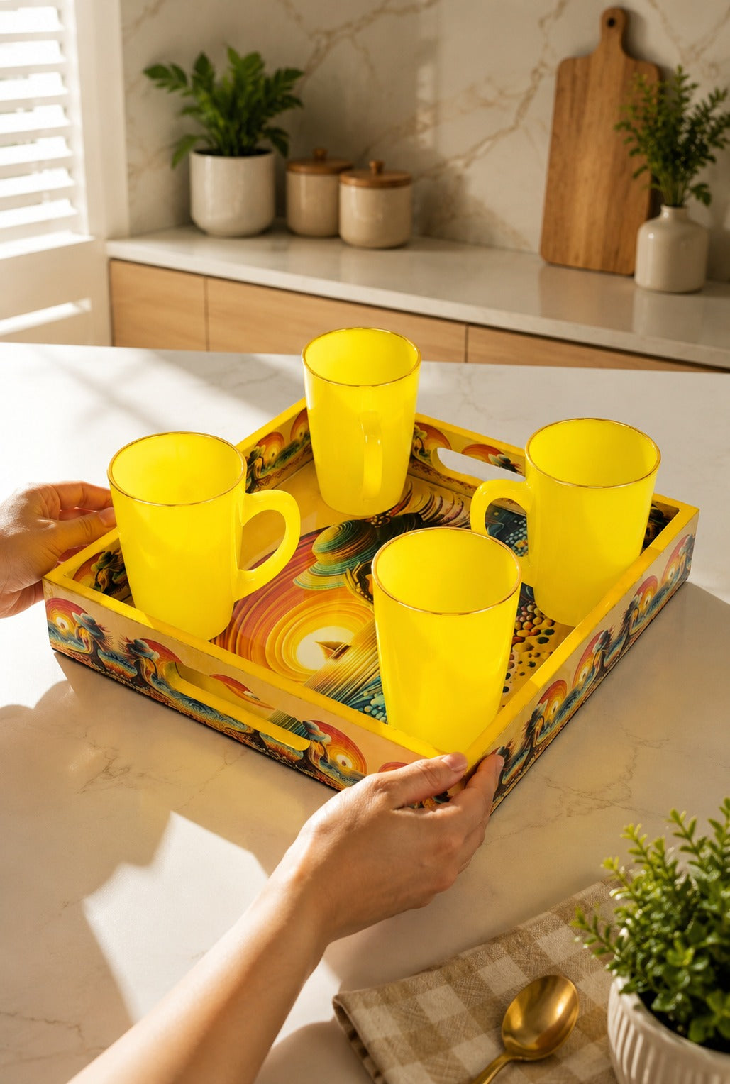 Set of 4 Yellow Glass Coffee Mugs with Designer Serving Tray | Premium Tea Coffee Cup Set | Decorative Serving Set for Home Kitchen & Gifting