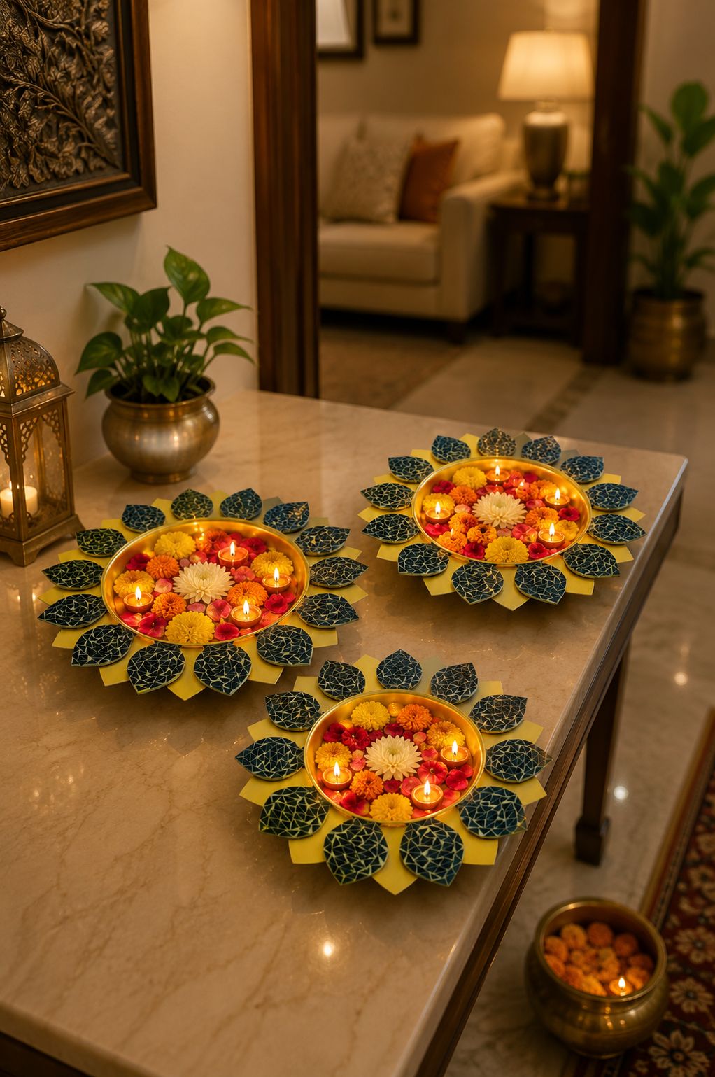 Premium Set of 3 Decorative Metal Urli Bowls with Mosaic Glass Petals | Floating Flower Bowl for Candles, Water Décor & Rangoli | Decorative Urli for Diwali, Pooja, Wedding, Festivals & Home Decoration