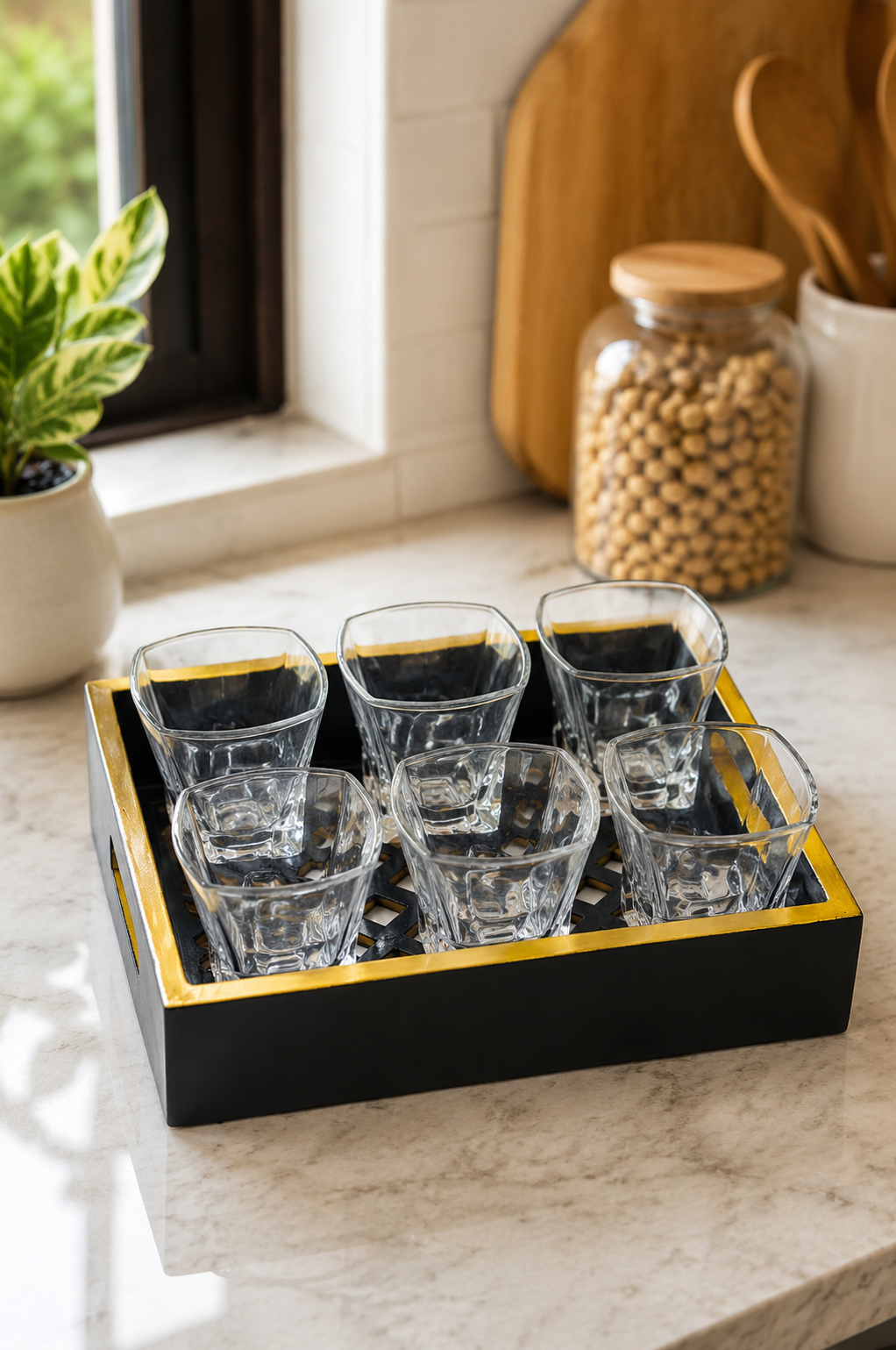 Premium Square Whiskey Glass Set with MDF Serving Tray | 6 Crystal Clear Heavy Base Drinking Glasses for Whisky, Scotch, Cocktails, Juice & Water | Elegant Drinkware Gift Set for Home Bar