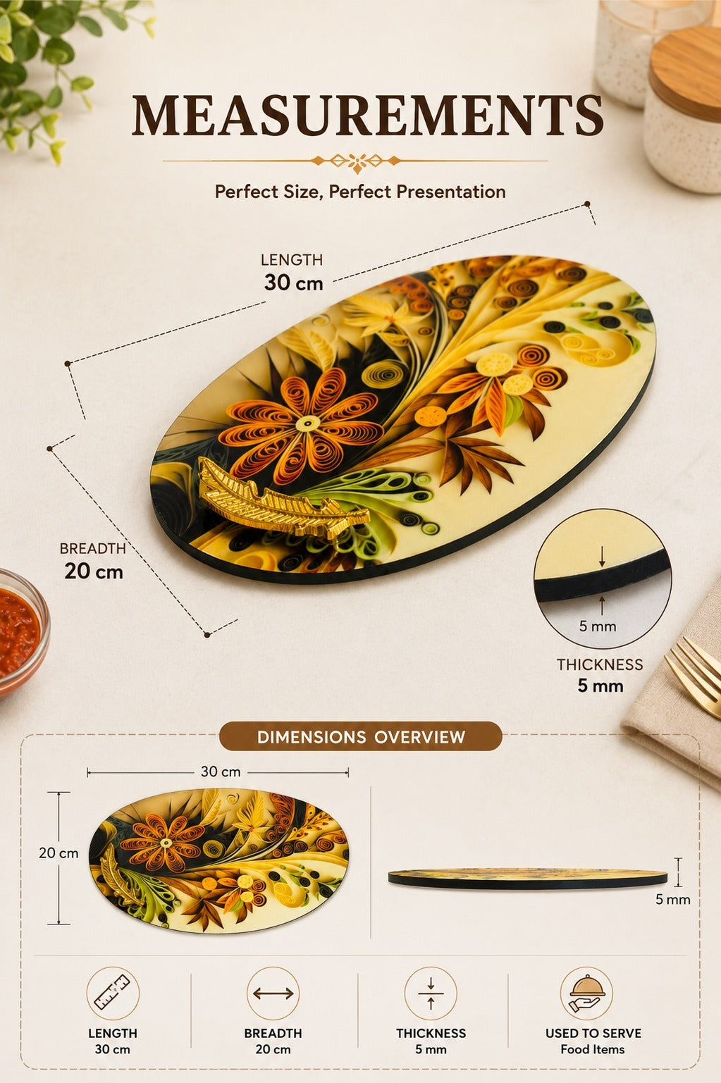 Premium MDF Snack Serving Platter with 2 Glass Dip Bowls | Decorative Serving Tray with Gold Feather Handles | Multipurpose Food Serving Board for Samosa, Momos, Fries, Nachos, Pizza & Snacks (Copy)