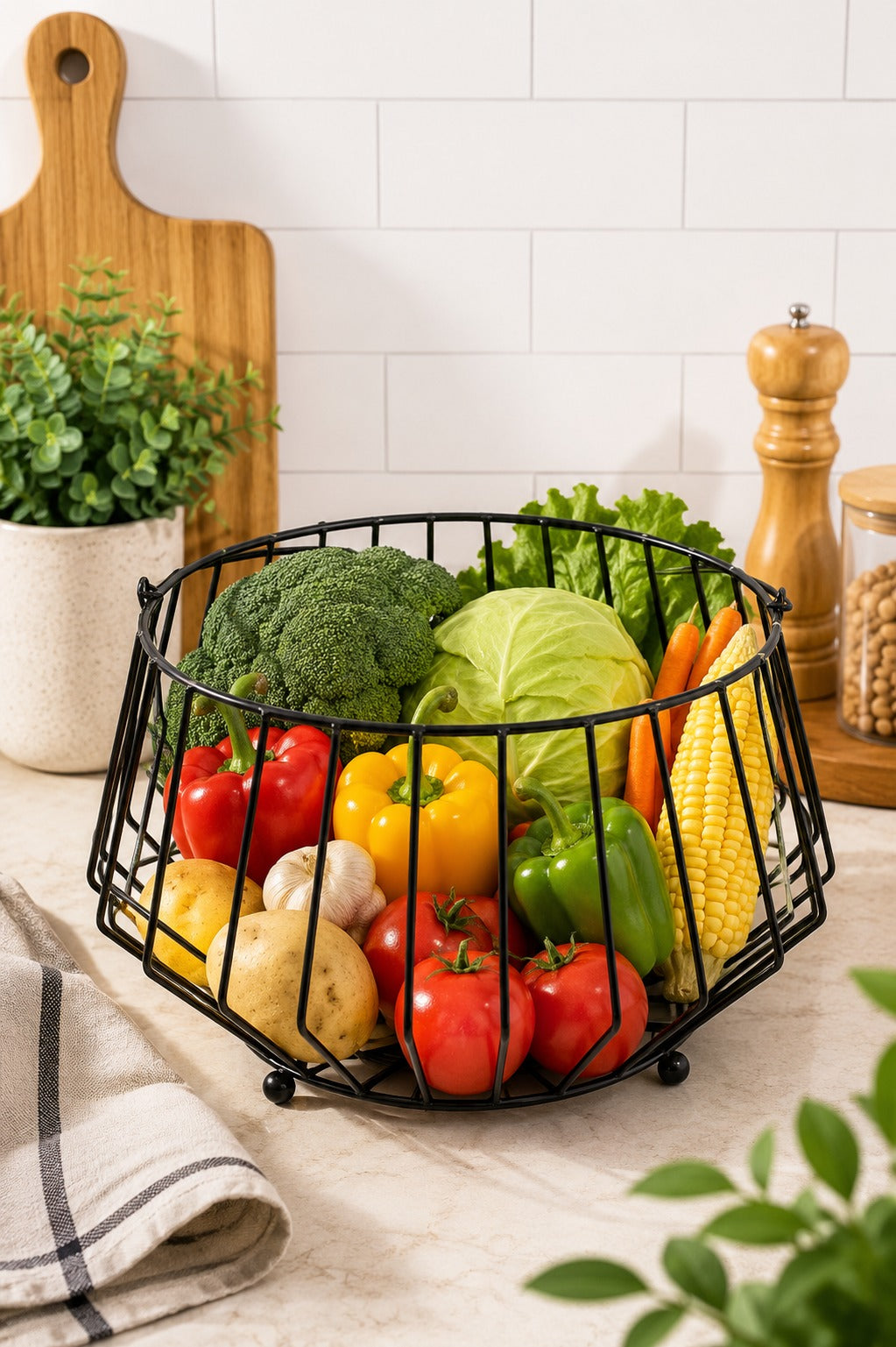 Modern Metal Fruit Basket with Handle | Round Wire Storage Basket | Kitchen & Dining Table Organizer