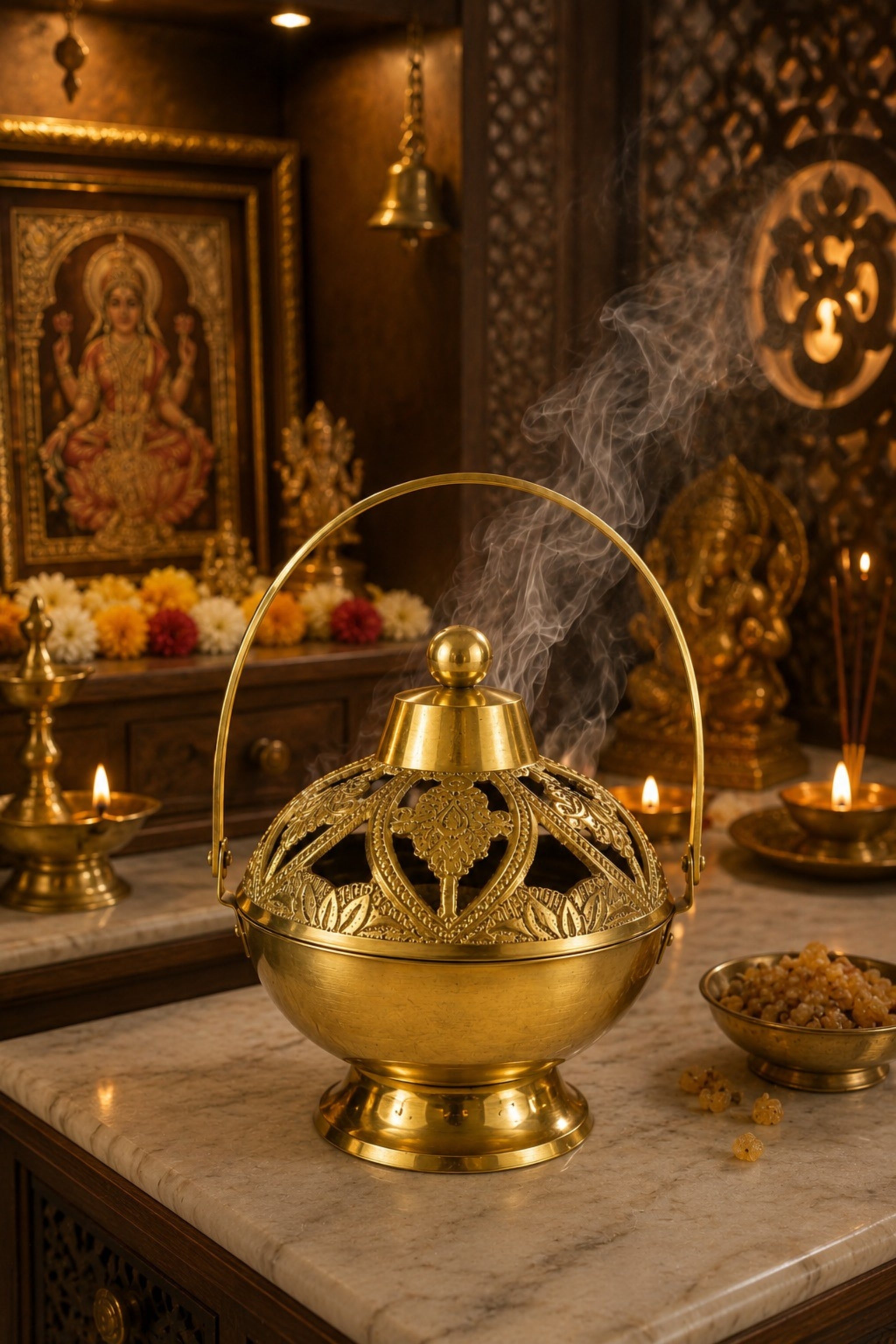 Premium Brass Metal Incense Burner with Handle | Handcrafted Dhoop Dani for Sambrani, Loban, Dhoop Cups & Resin Incense | Decorative Smoke Diffuser for Home, Temple & Pooja Room