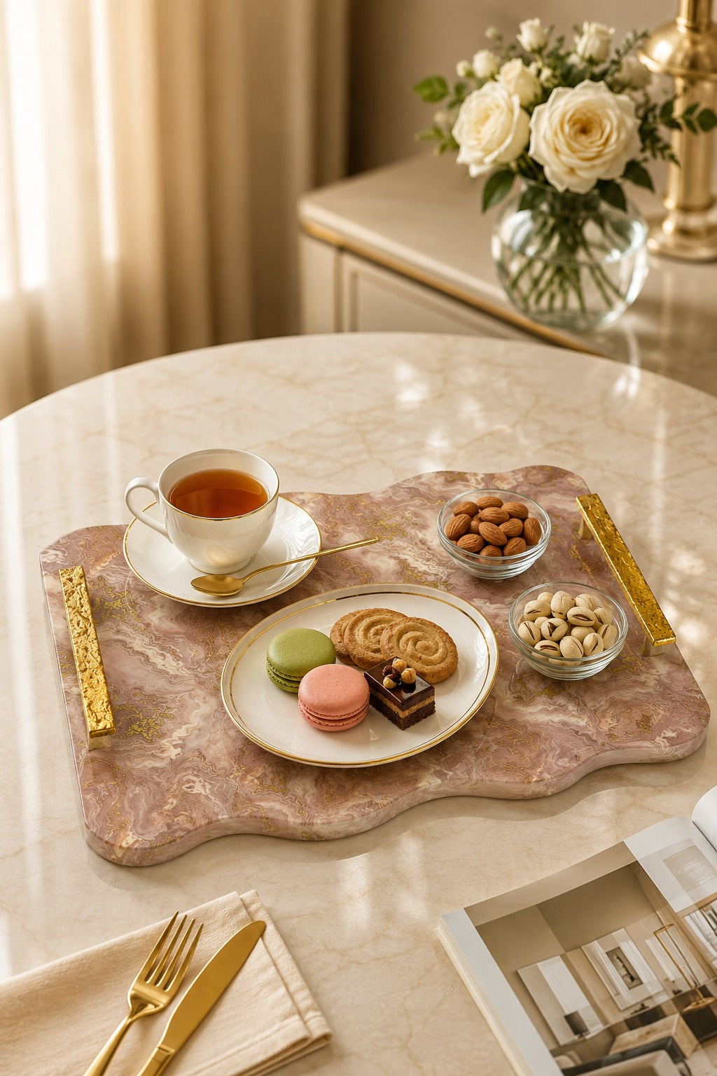Premium Marble Design MDF Serving Tray with Gold Handles & 2 Glass Bowls | Decorative Multipurpose Snack Serving Platter | Luxury Tea Coffee Serving Board for Home, Parties & Gifting