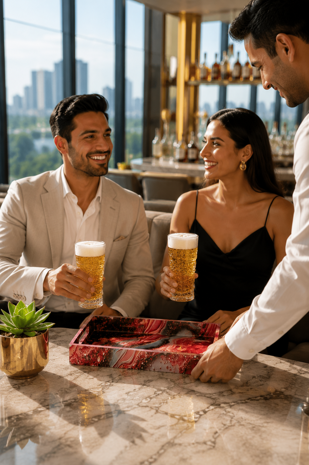 Premium Beer Glass Set with Decorative MDF Serving Tray | 2 Crystal Clear Tall Beer Glasses with Marble Finish Tray | Heavy Drinking Glasses for Beer, Juice, Soft Drinks & Home Bar Gift Set