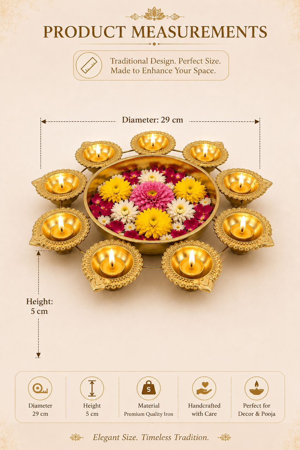 Premium Iron Urli with 8 Diya Holders | Decorative Metal Floating Flower Bowl for Water, Candles & Rangoli | Traditional Urli for Diwali, Pooja, Wedding, Festivals & Home Decoration