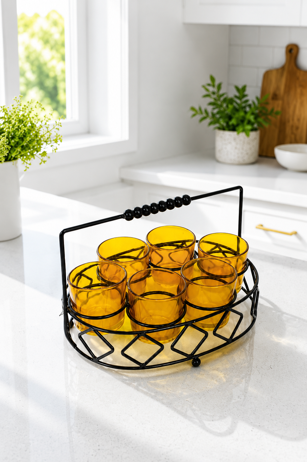 Premium Shot Glass Set of 6 with Metal Stand | 40ml Mini Whisky Vodka Tequila Glasses with Wooden Handle Carrier | Dhaba Style Serving Set for Home Bar & Parties
