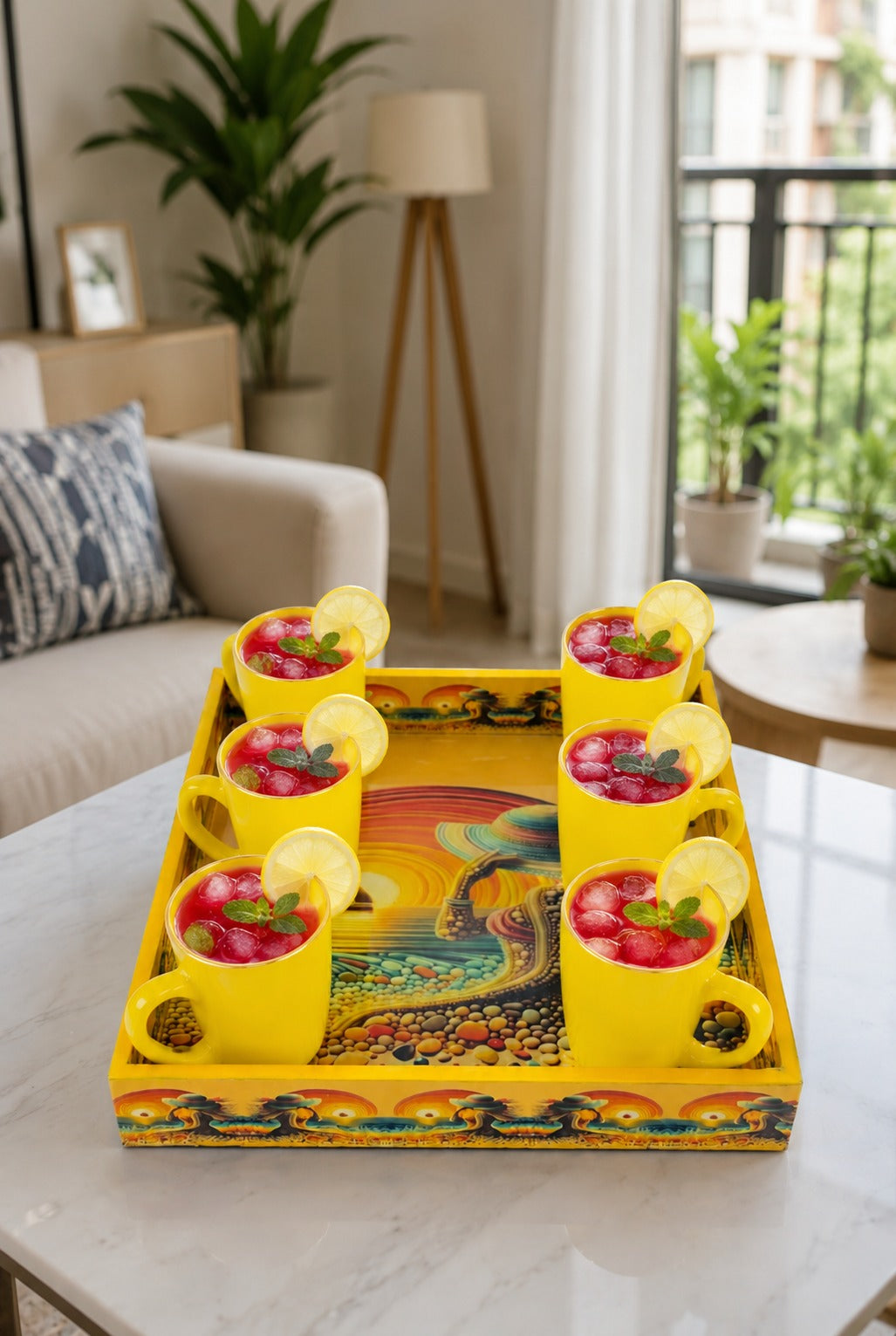 Premium 6 Yellow Glass Mug Set with Designer Serving Tray | Tea & Coffee Mug Set | Decorative Drinkware Set for Home, Office & Gifting