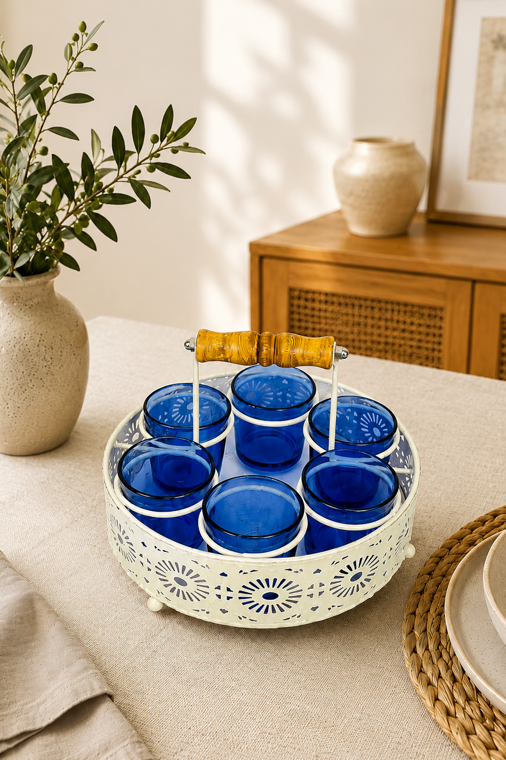 Shot Glasses Set of 6 with Holder | 40 ML Mini Whisky Vodka Shot Glasses with Metal Stand & Wooden Handle | Dhaba Style Serving Set for Home, Bar & Parties