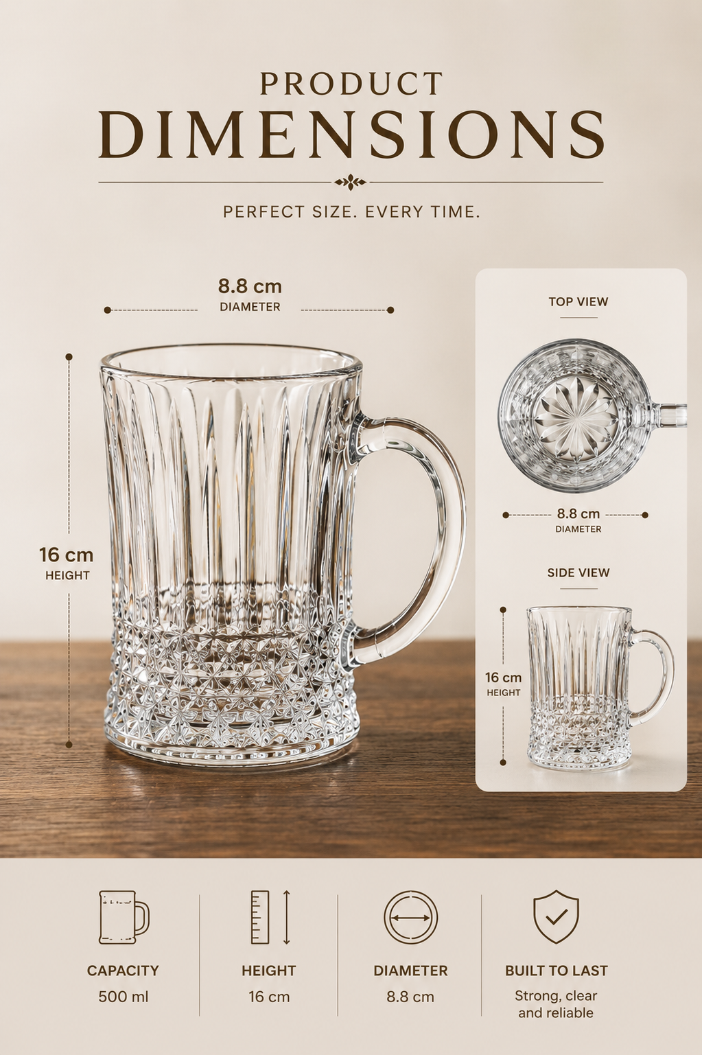 Premium Beer Mug Set with Decorative MDF Serving Tray | 2 Crystal Clear Glass Beer Mugs with Marble Finish Tray | Heavy Handle Beer Glasses for Beer, Juice, Soft Drinks & Home Bar Gift Set