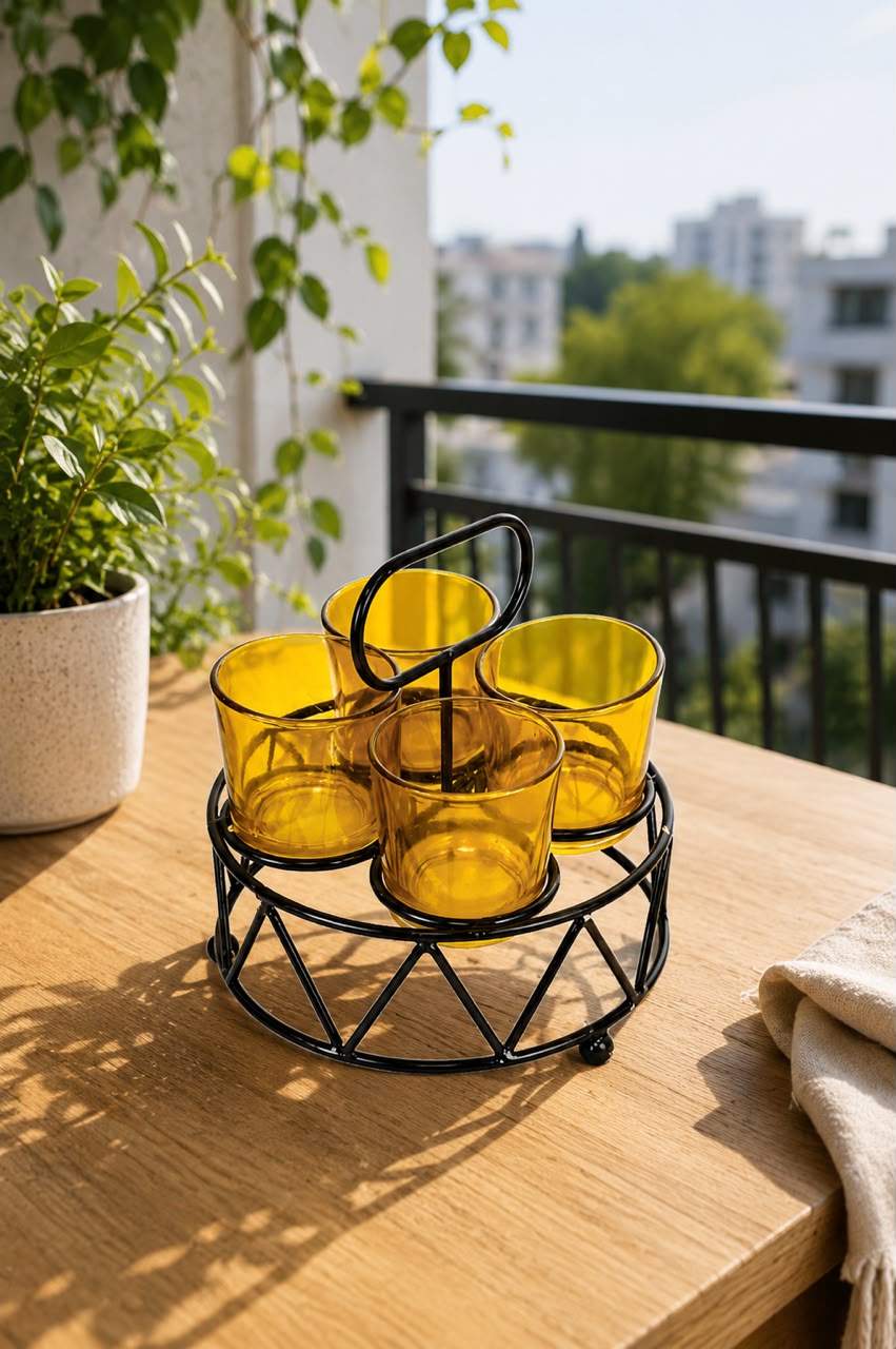 Shot Glass Set Of 4 With Metal Stand | Amber Glass Mini Shot Cups With Round Iron Holder | Dhaba Style Serving Set For Vodka Tequila Whiskey