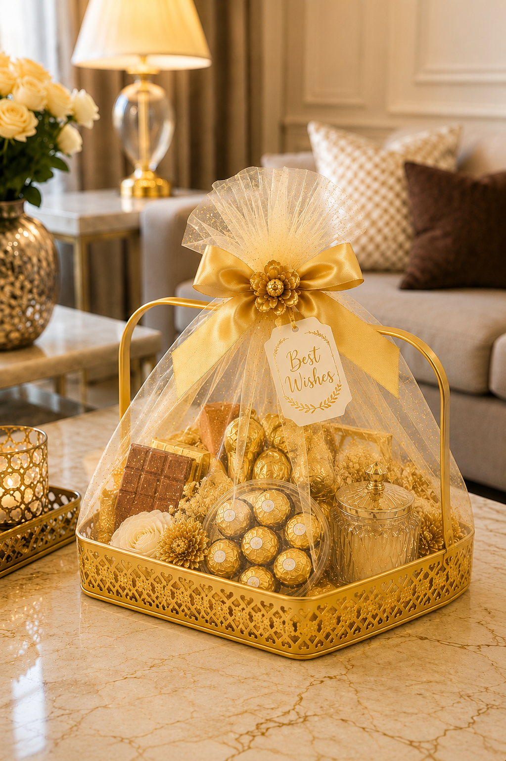 Premium Triangle Metal Basket with Handle (Small) | Decorative Gold Serving Basket | Gift Hamper Basket | Fruit & Dry Fruit Basket | Metal Organizer Tray for Home Décor