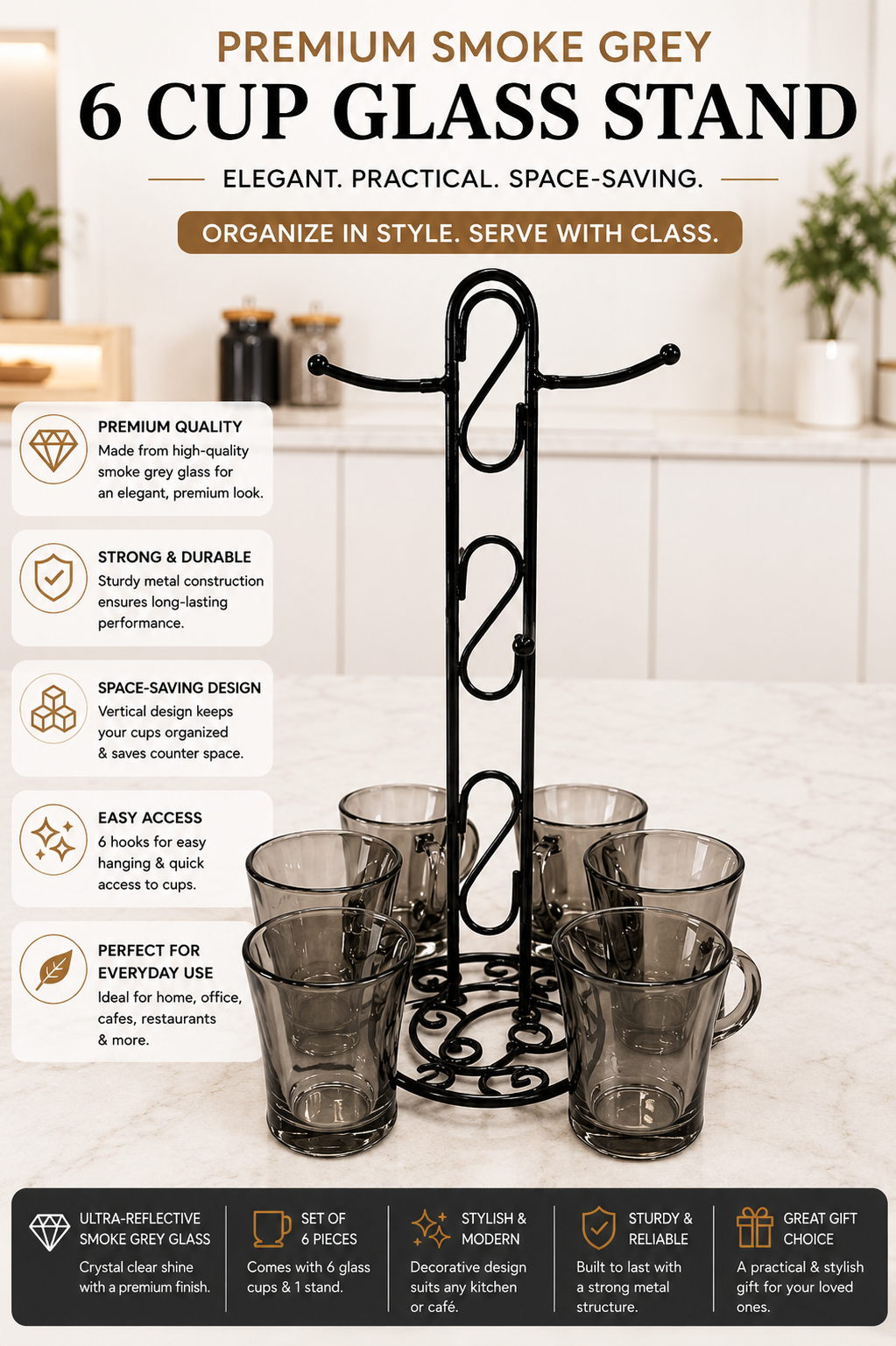 Premium Smokey Glass Mug Set Of 6 With Metal Stand | Transparent Borosilicate Coffee & Tea Cups With Holder | Space Saving Mug Stand For Kitchen & Home