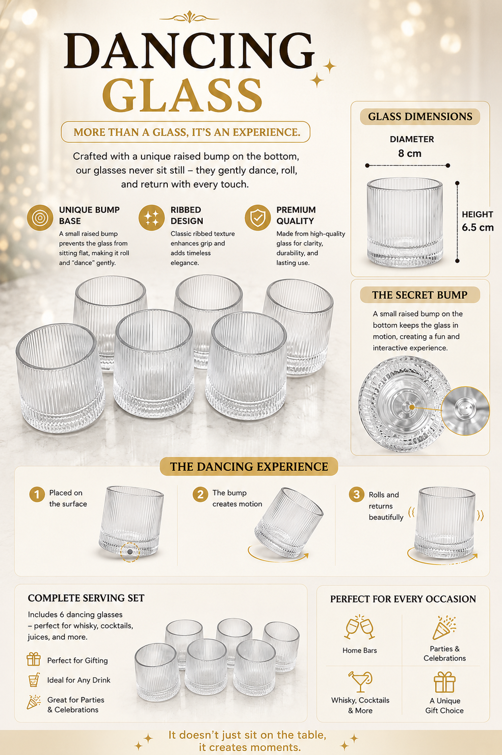 Premium Dancing Glass Serving Set with Round Metal Tray | 6 Self-Balancing Rocking Glasses & 1 Crystal Snack Bowl | Beverage Serving Set for Whisky, Cocktails, Juice, Tea & Home Entertaining