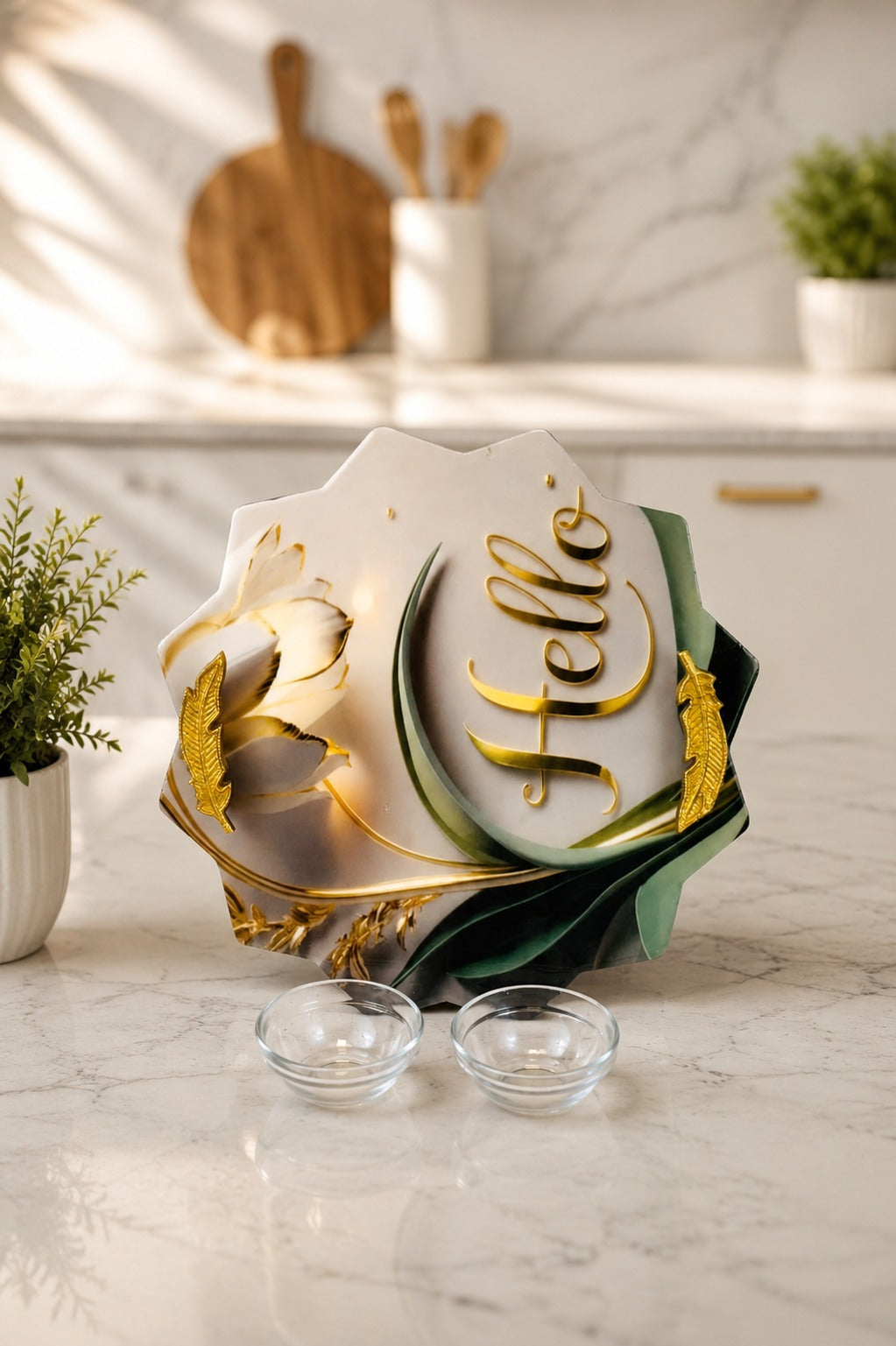 Premium Multipurpose Serving Tray with 2 Glass Bowls & Gold Handles | Decorative MDF Snack Serving Platter | Printed Serving Board for Snacks, Dry Fruits, Desserts & Tea Time