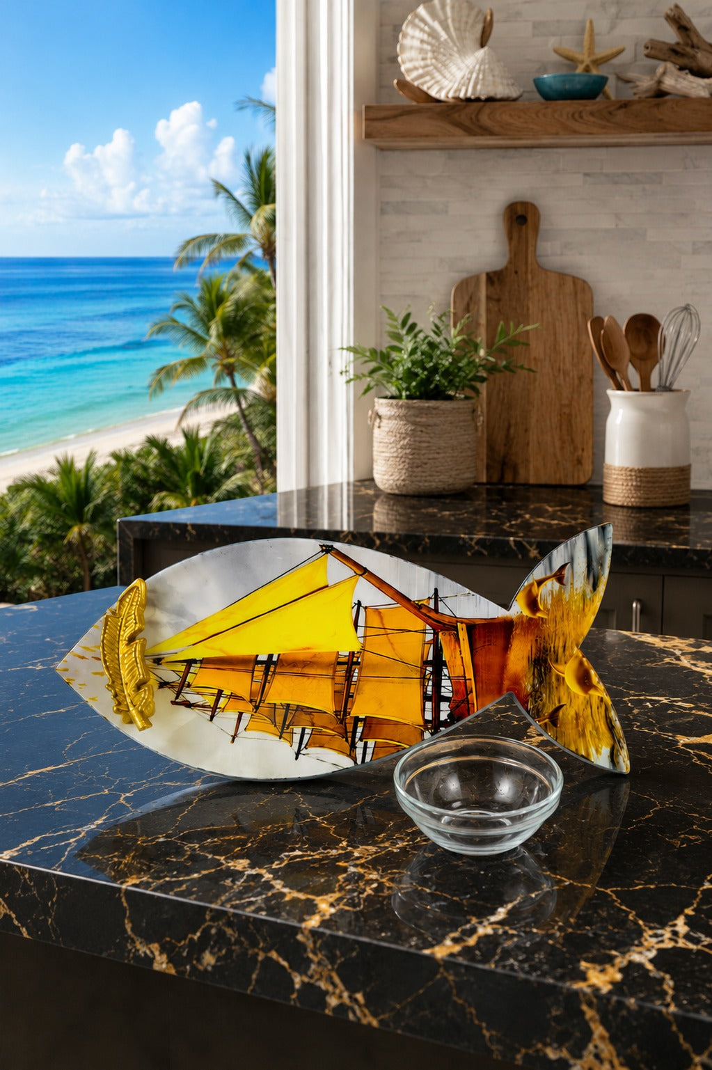 Premium Fish Shape MDF Serving Platter with Glass Dip Bowl & Gold Leaf Handle | Decorative Multipurpose Snack Serving Tray | Designer Fish Serving Board for Appetizers, Seafood & Gifting
