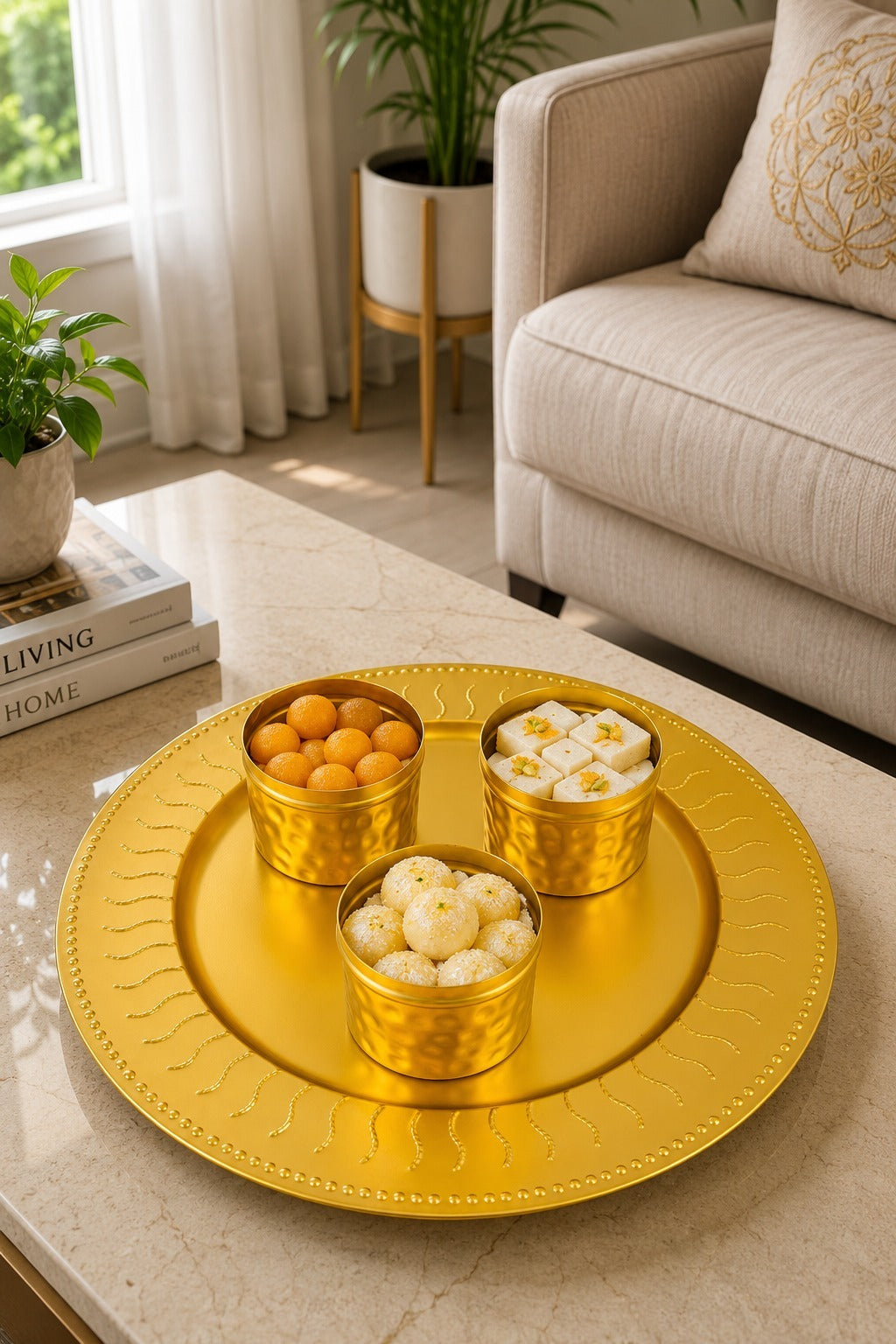 Premium All Metal Serving Tray Set with 3 Floral Containers | Decorative Dry Fruit, Sweet & Mukhwas Platter | Luxury Gold Pooja, Festive Gift Hamper & Home Décor Serving Set