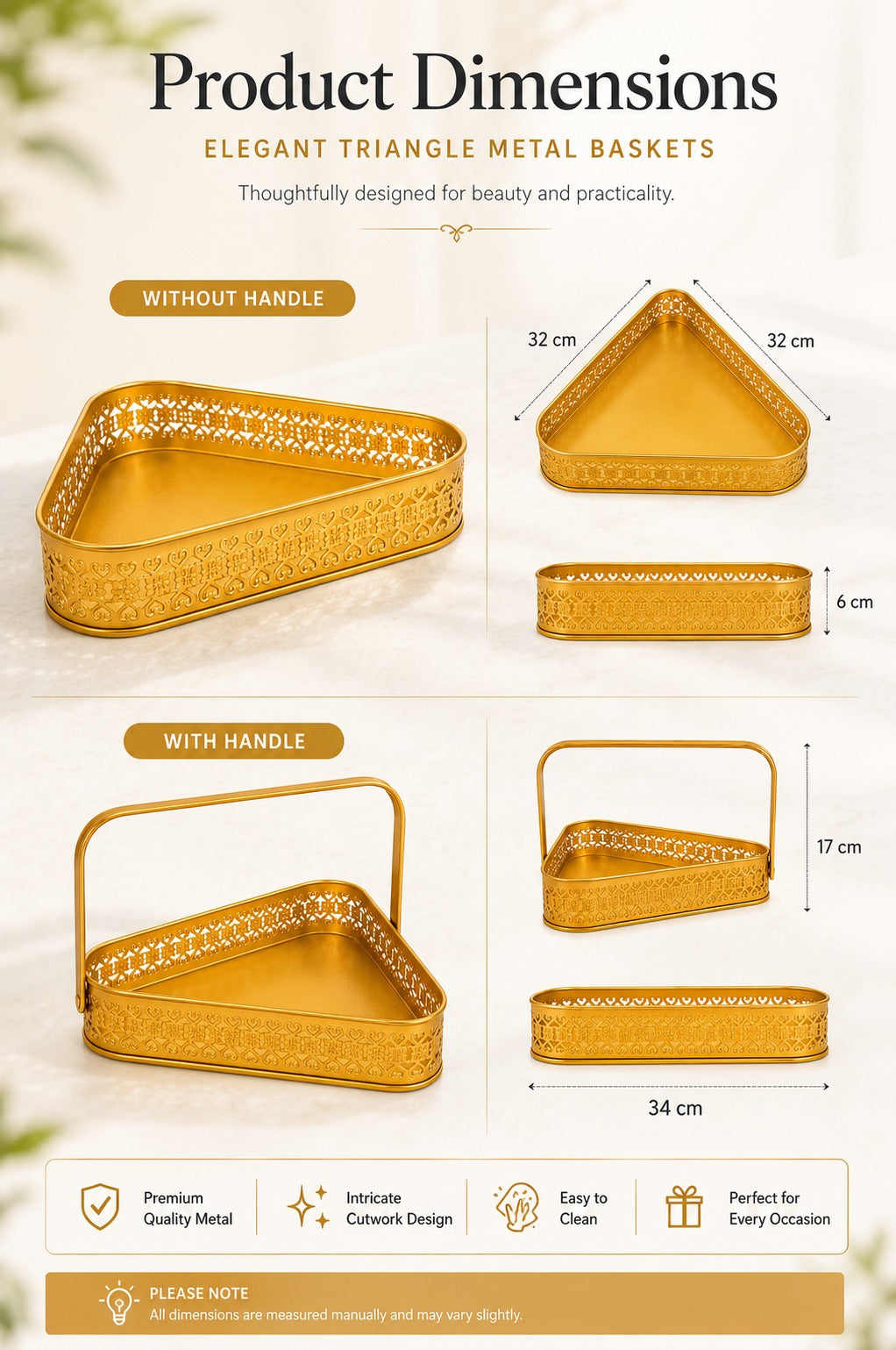 Premium Triangle Metal Basket with Handle (Large) | Decorative Gold Serving Basket | Gift Hamper Basket | Dry Fruit, Snacks & Organizer Tray | Metal Storage Basket for Home Décor