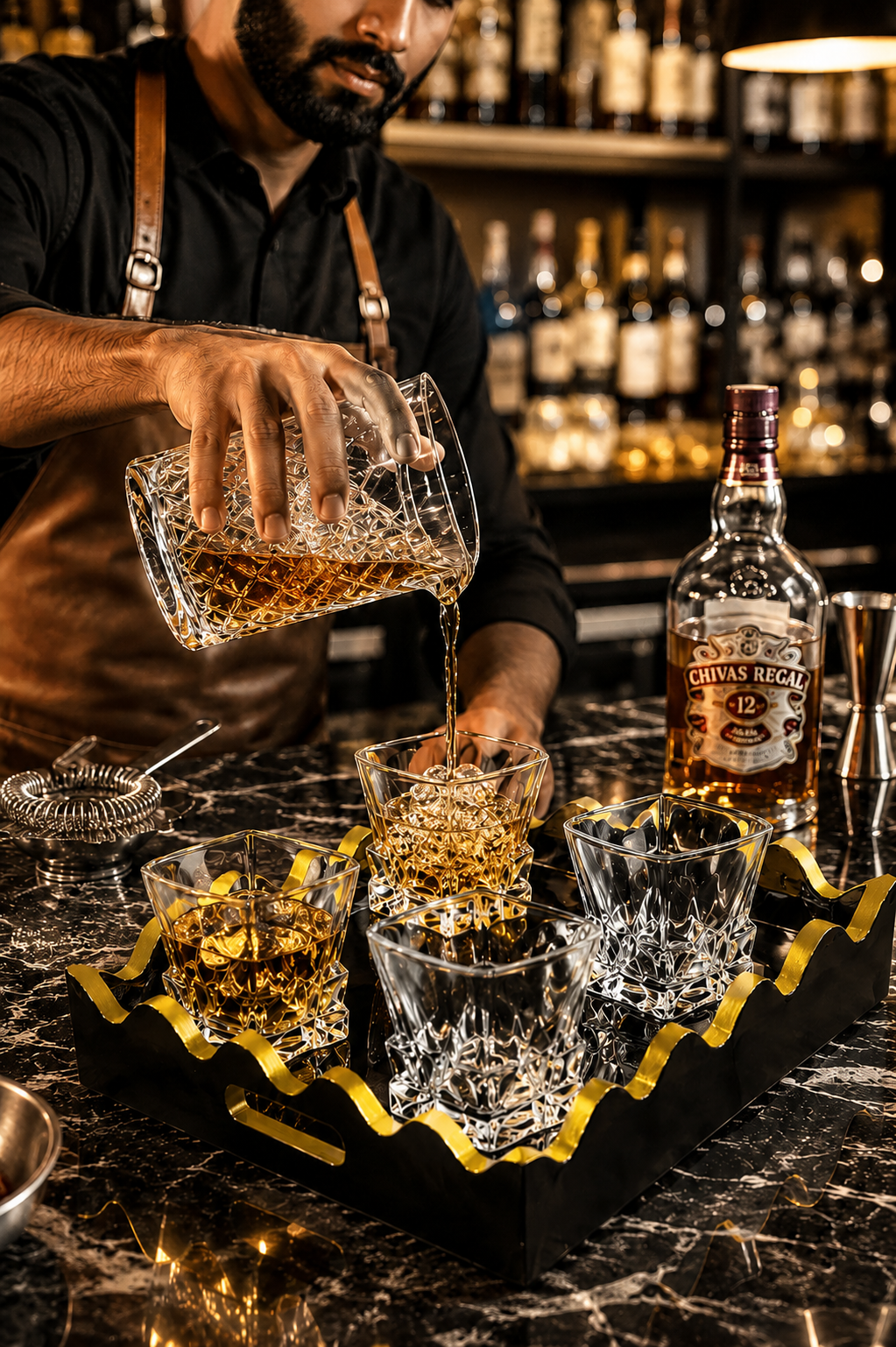Premium Square Crystal Glass Set with Decorative MDF Serving Tray | 4 Heavy Base Drinking Glasses with Luxury Black & Gold Tray | Whisky, Juice, Water, Cocktails & Gift Set for Home Bar