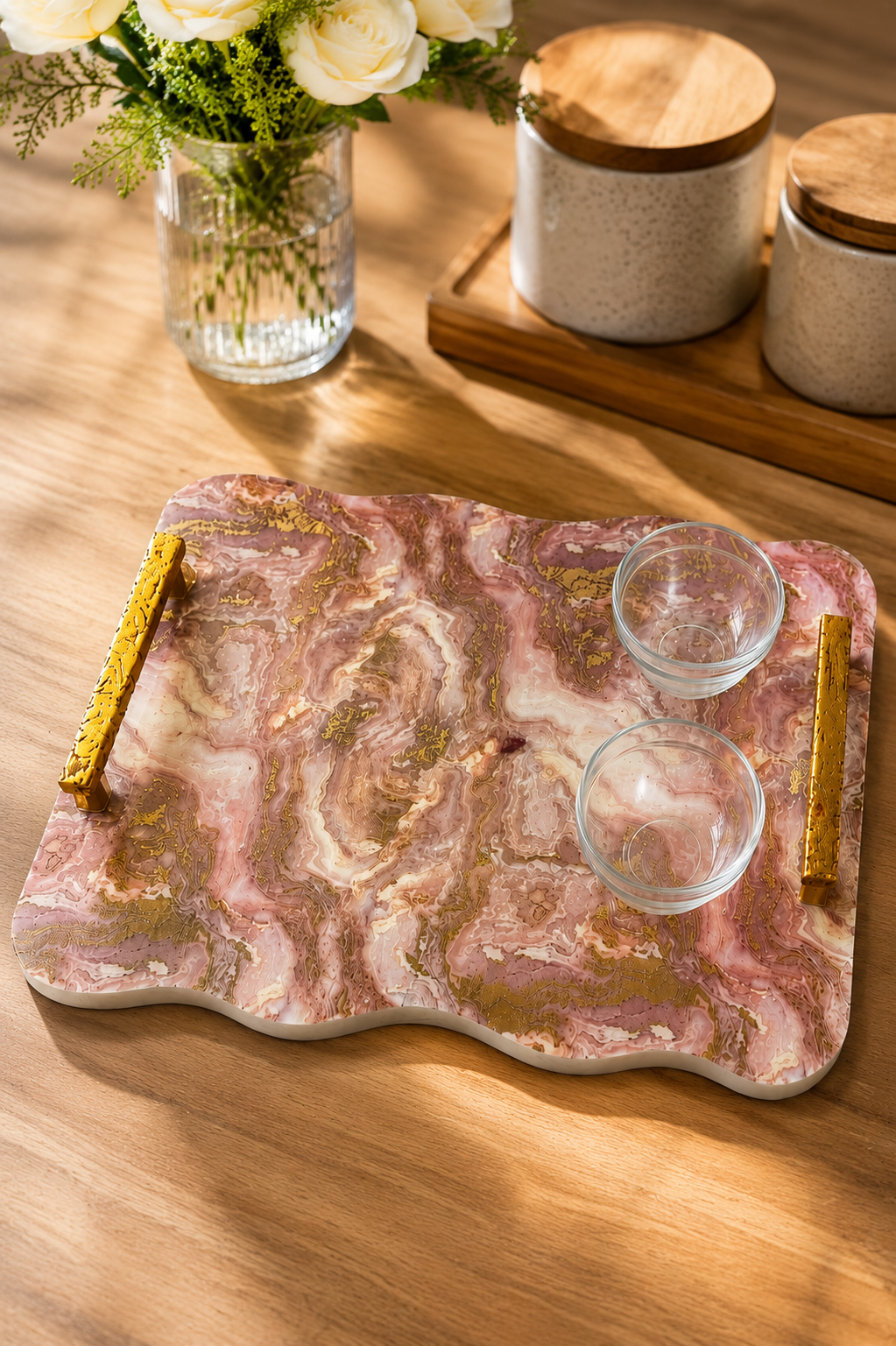 Premium Marble Design MDF Serving Tray with 2 Glass Bowls & Gold Handles | Decorative Multipurpose Serving Platter | Luxury Tea, Coffee, Snacks & Dry Fruit Serving Tray