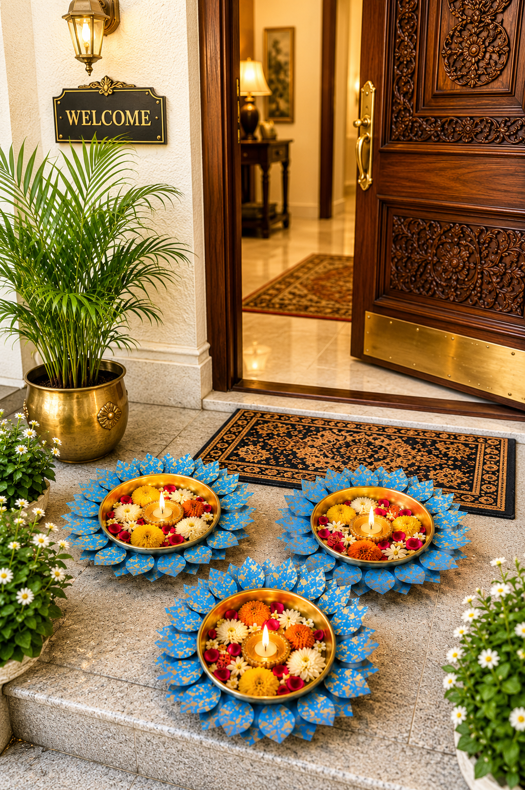 Decorative Lotus Metal Urli Bowl Set for Floating Flowers & Candles | Designer Festival & Entrance Decor (Set of 3, Blue & Gold)