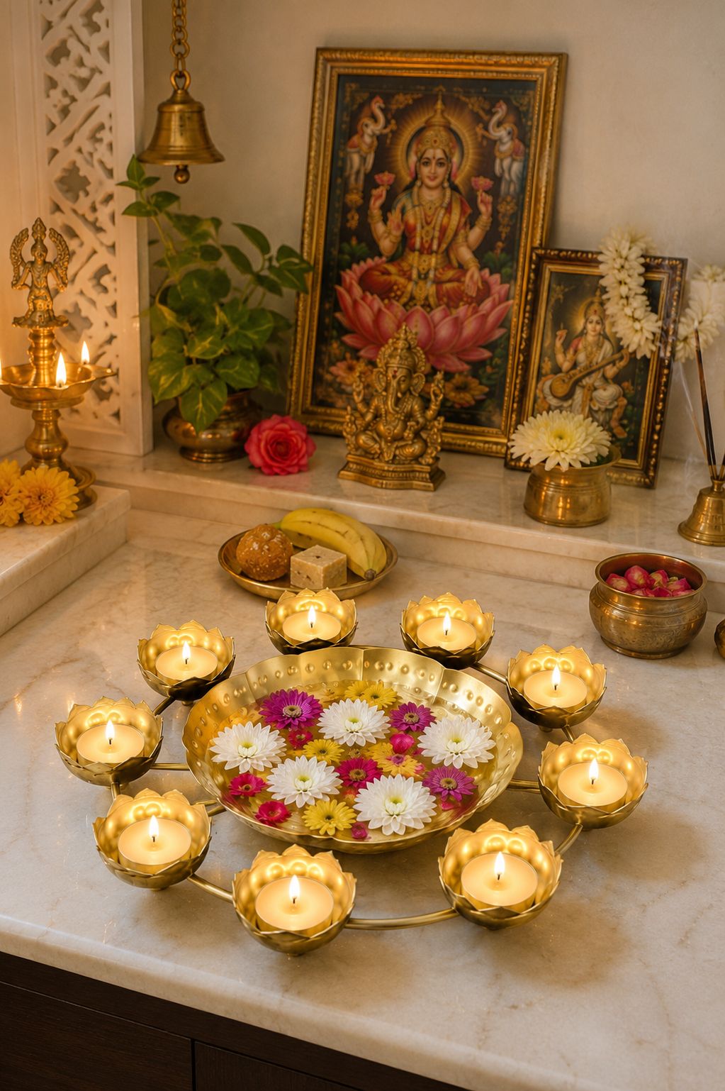 Premium Lotus Urli Bowl with 8 Tea Light Holders | Hammered Metal Decorative Floating Flower Bowl | Gold Finish Centerpiece for Diwali, Pooja, Weddings, Festivals, Home Décor & Gifting
