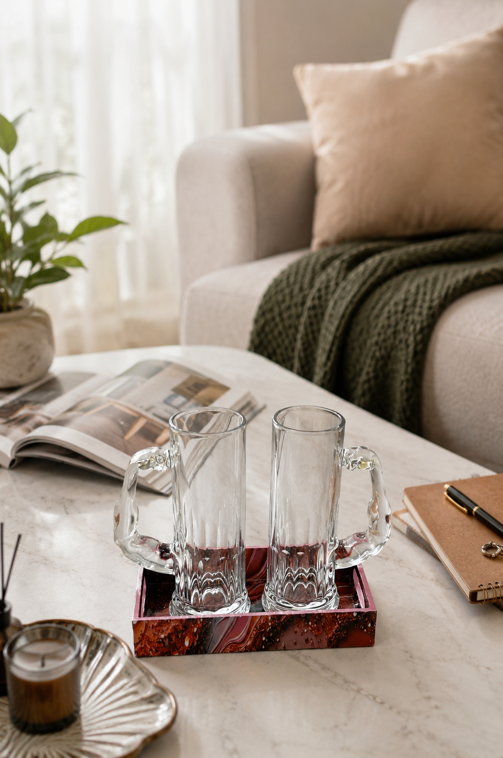 Premium Beer Mug Glass Set with Decorative MDF Serving Tray | 2 Crystal Clear Heavy Beer Mugs with Resin Art Tray | Large Glass Beer Mugs for Beer, Juice, Coffee & Home Bar Gift Set