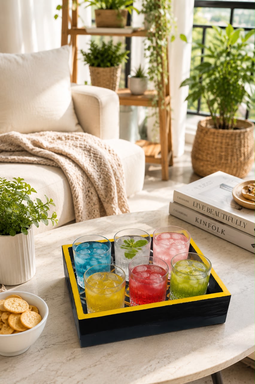 Premium Wooden Serving Tray with 6 Glasses Set | Black & Gold Serving Tray with Premium Glass Tumblers | Tea, Juice, Whisky, Water, Cocktail & Mocktail Serving Set | Home, Office, Party & Gift