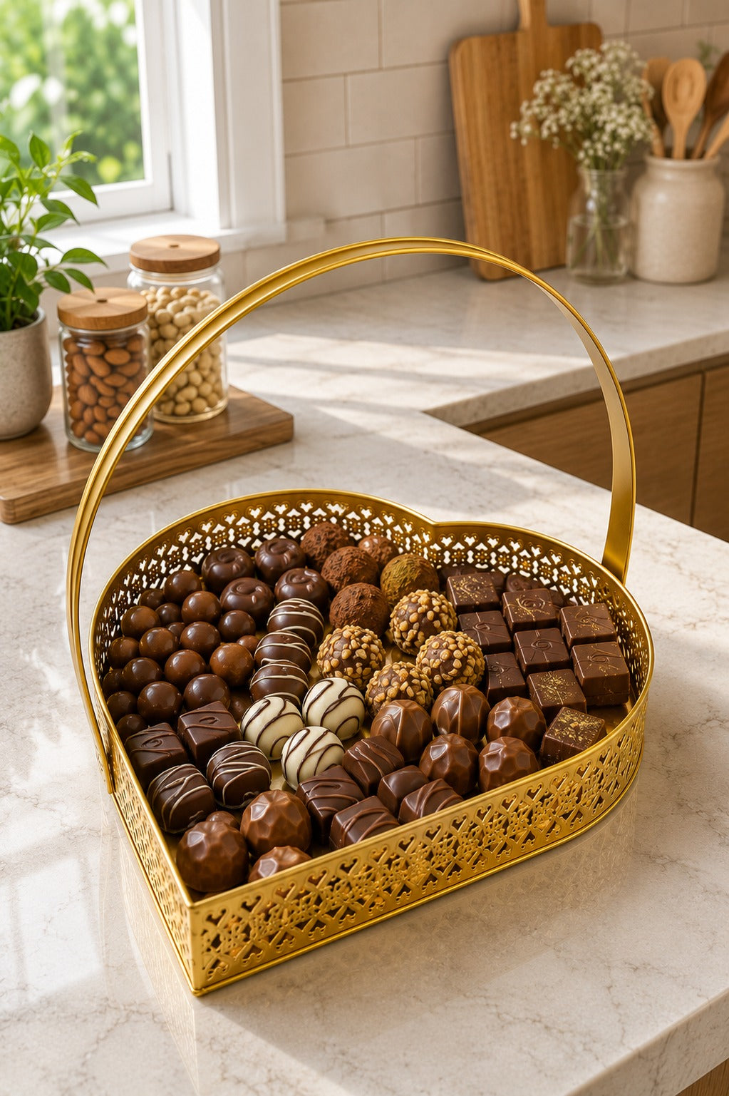 Premium Large Heart-Shaped Metal Gift Hamper Basket with Handle | Decorative Gold Serving Tray for Dry Fruits, Chocolates, Gifts & Festive Hampers | Luxury Organizer for Home Décor, Weddings & Diwali