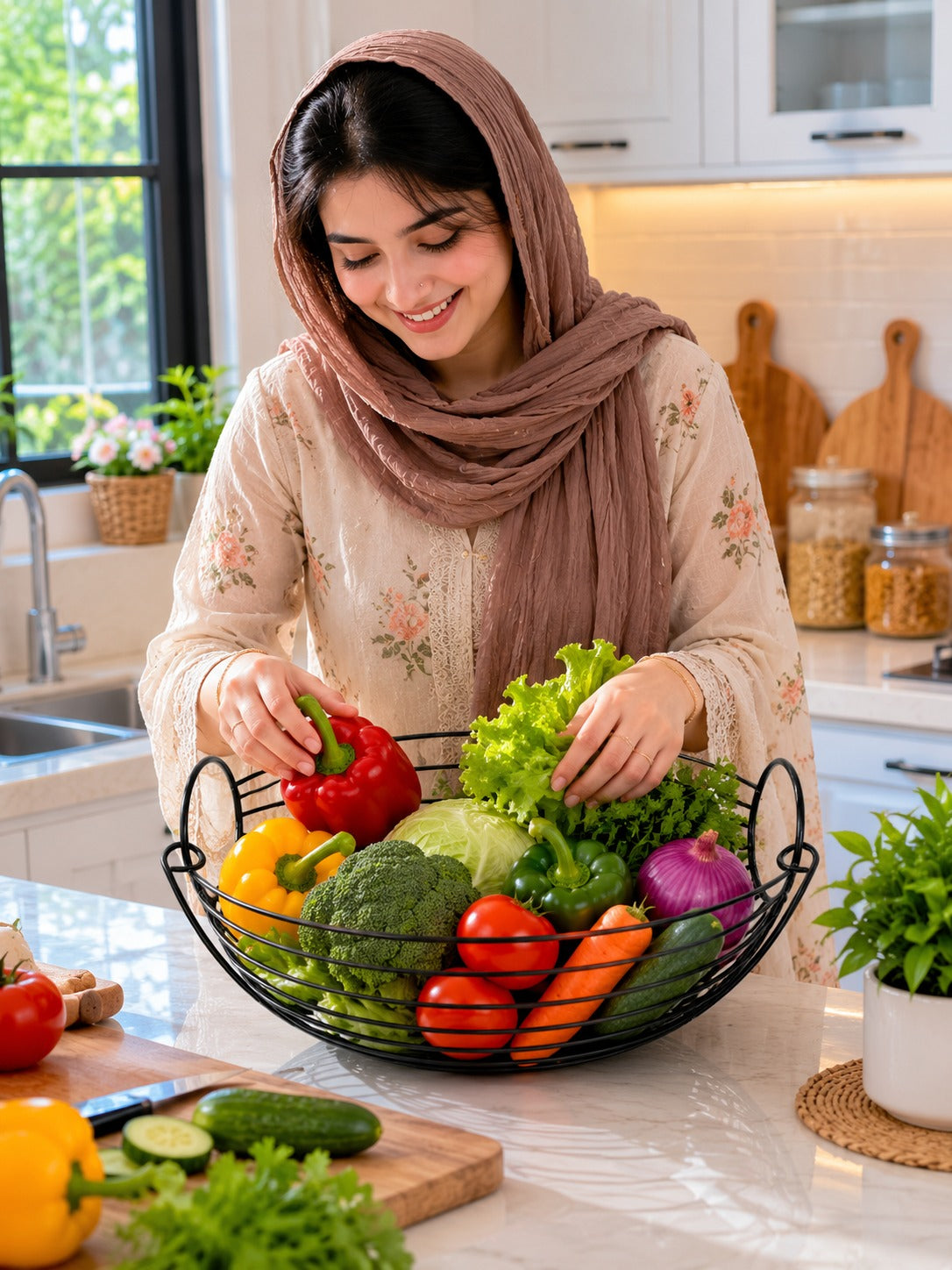 Modern Metal Fruit & Vegetable Basket | Large Round Wire Storage Basket with Handle | Kitchen & Dining Organizer