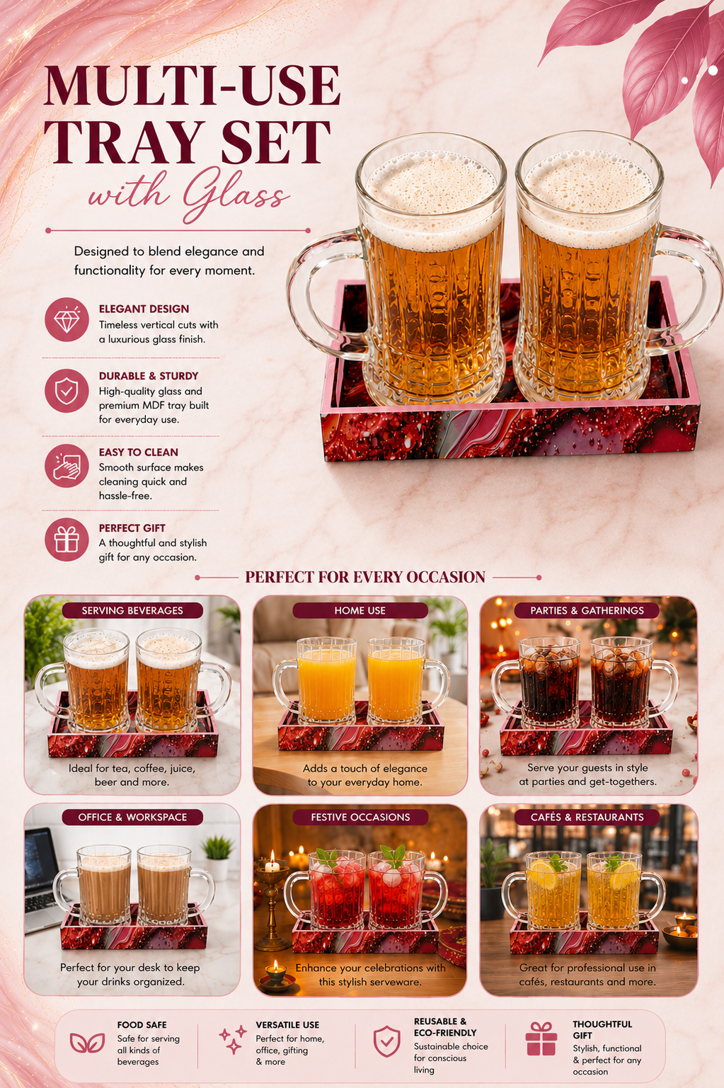 Premium Beer Mug Set with Decorative MDF Serving Tray | 2 Crystal Clear Glass Beer Mugs with Marble Finish Tray | Heavy Handle Beer Glasses for Beer, Juice, Soft Drinks & Home Bar Gift Set